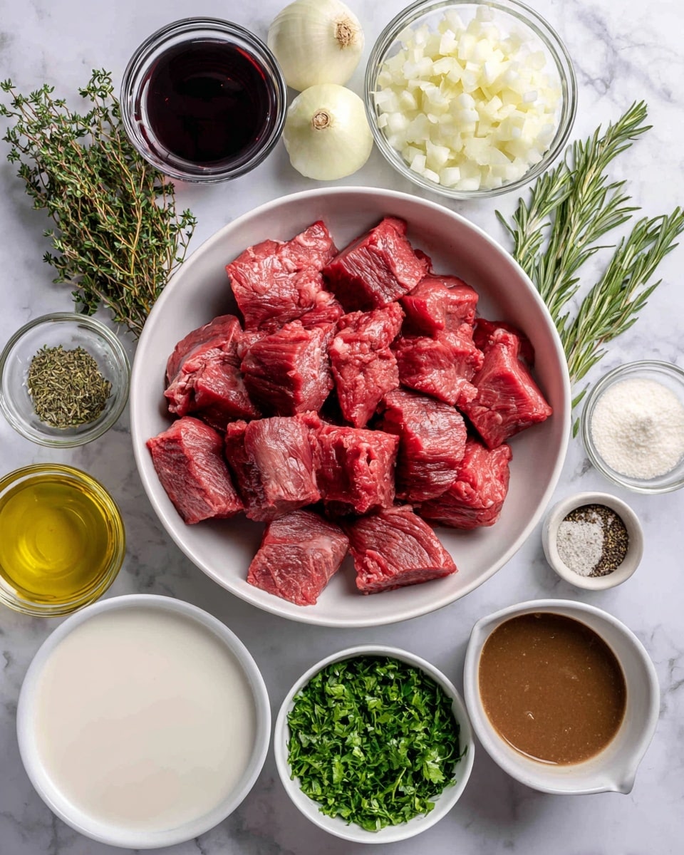 The image shows a white bowl filled with raw stew beef chunks in the center, surrounded in a circular arrangement by small piles of cooking ingredients. These ingredients include fresh green thyme and rosemary sprigs at the top left, chopped white onion below them, dark red wine to the bottom left, a small bowl of canola oil below the wine, bright green chopped fresh parsley in the bottom center, a small bowl of white milk to the right of the parsley, a bowl of pale Bisquick flour mixture in the bottom right, and a small bowl of dark brown beef stock at the top right. There are also labeled small dishes of salt and pepper, along with Worcestershire sauce near the front center. All items sit on a white marbled textured surface. A woman's hand is not touching anything in the image. Photo taken with an iphone --ar 4:5 --v 7