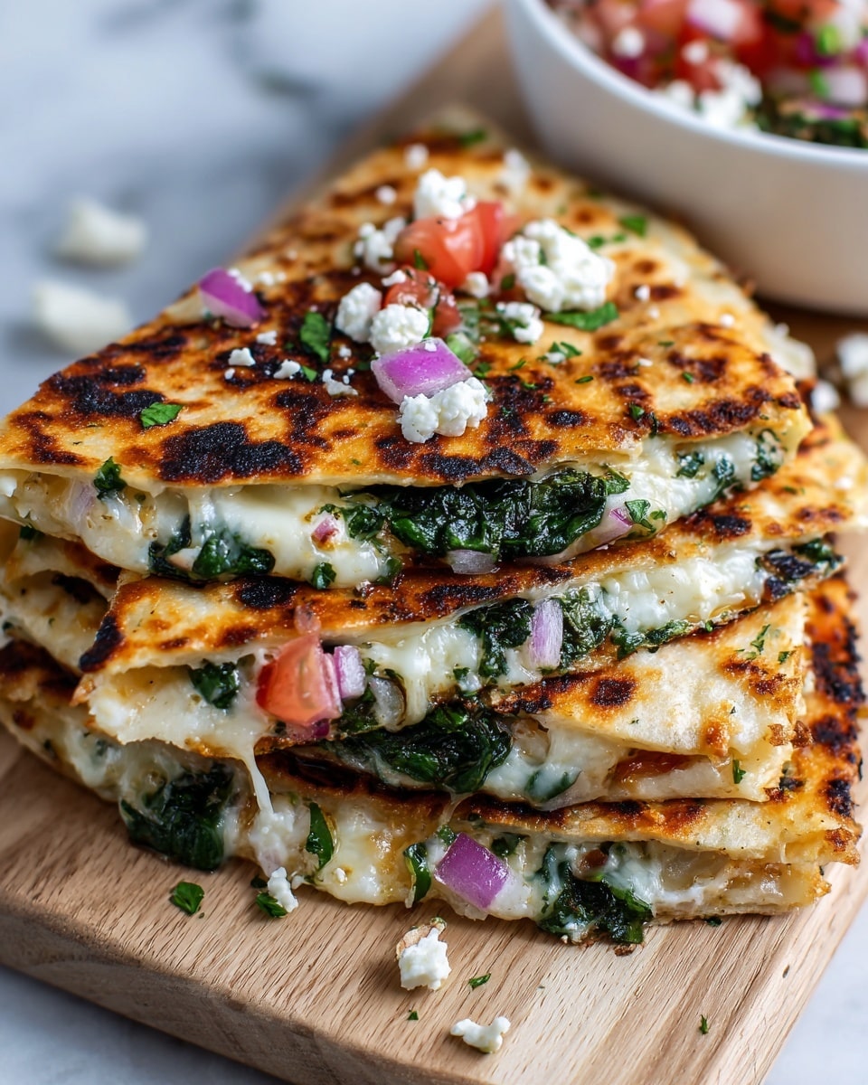 The image shows three folded quesadilla slices stacked on a light wooden board. Each slice has a crispy, golden-brown outer layer with some darker charred spots and is filled with melted white cheese and green spinach leaves. On top of the quesadillas, small pieces of bright red tomato, chopped purple onion, white cheese crumbles, and fresh green herbs are scattered, adding a fresh contrast of colors and textures. The close-up view highlights the melted cheese and the toasty surface of the tortillas, and a white bowl filled with a mix of similar ingredients is partially visible in the upper right corner, all set on a white marbled surface photo taken with an iphone --ar 4:5 --v 7