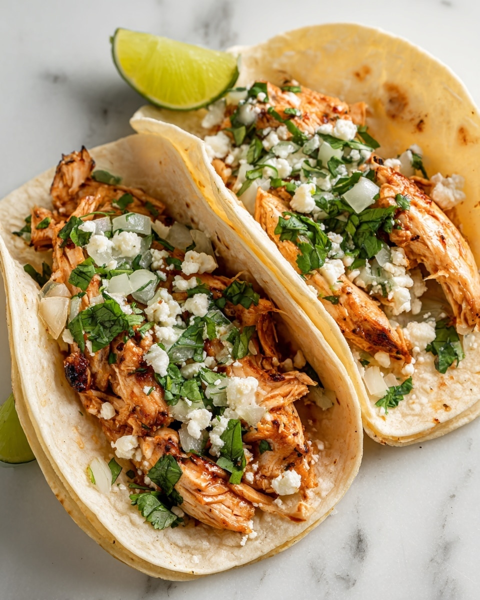 Two soft tortillas hold pieces of cooked chicken with a warm brown color and slight char marks, topped with small white onion pieces, fresh green cilantro leaves, and white crumbly cheese. Each tortilla is garnished with a small yellow lime wedge. The tacos rest on a white marbled surface with a white plate under them, adding contrast to the warm tones of the food. The light makes the textures of the chicken and toppings clear and fresh. photo taken with an iphone --ar 4:5 --v 7