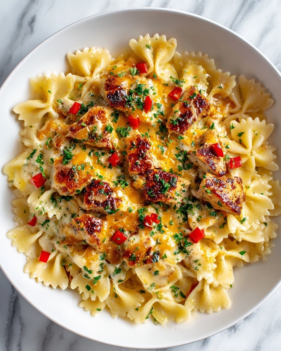 A white plate holds a dish with three visible layers. The bottom layer is light yellow farfalle pasta with a smooth texture and slightly moist surface, spread evenly across the plate. The middle layer contains small pieces of bright green broccoli and tiny red bell pepper cubes scattered over the pasta. The top layer features golden-brown grilled chicken pieces coated in a rich, creamy sauce with melted orange-yellow cheese and dotted with small bits of herbs. Some finely chopped green herbs are sprinkled on top, adding fresh color. The background is a white marbled texture. Photo taken with an iphone --ar 4:5 --v 7