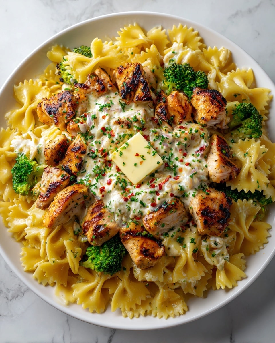 A white plate holds a dish with three main layers. The bottom layer is yellow farfalle pasta spread evenly across the plate. Scattered among the pasta are bright green broccoli pieces adding color and texture. On top is a layer of small grilled chicken pieces, golden brown with some darker char marks. Covering the chicken and pasta is a creamy sauce with small green and red flecks, giving a speckled look. A square pat of butter sits in the center, sprinkled with chopped green herbs and tiny red flakes. The dish is served on a white marbled surface. Photo taken with an iphone --ar 4:5 --v 7