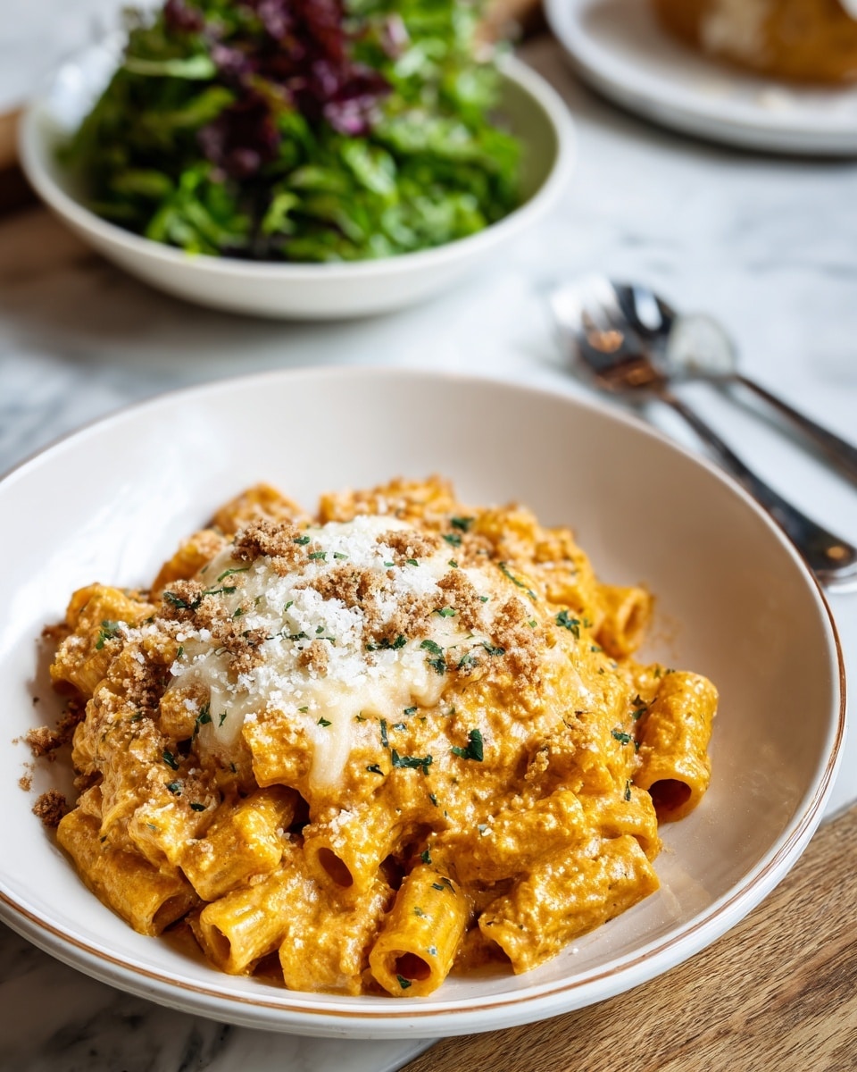 A white bowl filled with rigatoni pasta coated in a bright red tomato sauce, topped with a thick layer of melted light yellow cheese that slightly browned in the center, and sprinkled with a generous amount of fine white grated cheese. The rigatoni pieces are tube-shaped with ridges, some partially covered by cheese while others remain visible at the edges. The bowl is placed on a white marbled surface next to a striped gray and white cloth, with a few dry rigatoni pasta pieces resting on the cloth. Photo taken with an iphone --ar 4:5 --v 7