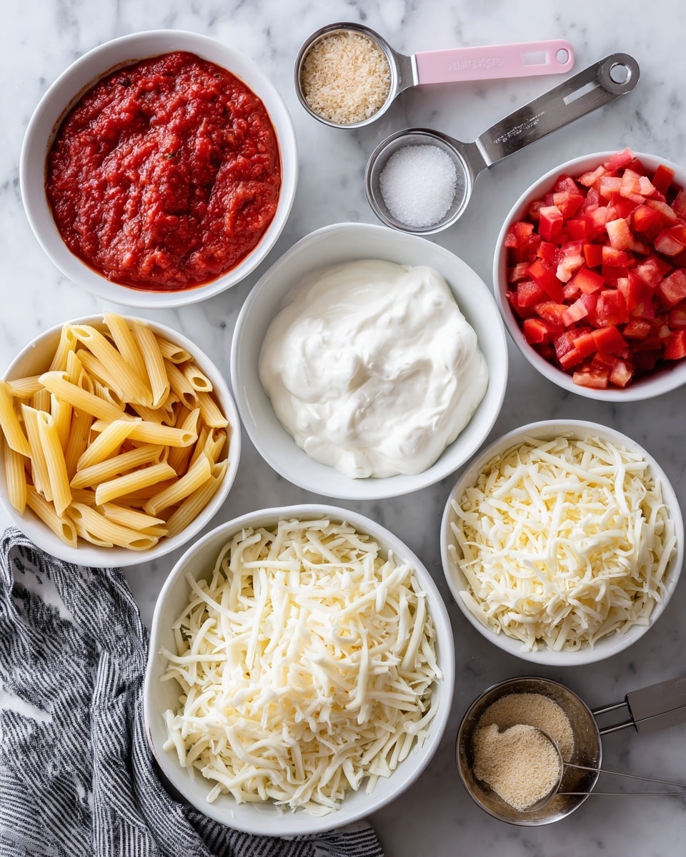 The image shows several white bowls and measuring spoons on a white marbled surface, each filled with different ingredients for a pasta dish. Starting from the bottom left, a bowl holds uncooked ziti pasta, which is short, tubular, and light yellow. Above the ziti is a bowl with thick, white heavy cream. To the right of the cream is a bowl of shredded mozzarella cheese, with thin white strands. Near this is a bowl with diced tomatoes, showing small red cubes. Above the tomatoes is a bowl with shredded fontina cheese, pale yellow and thin. Two metal measuring cups with breadcrumbs and Italian cheese blend powders sit between the cheeses and tomatoes. Above these is a pink measuring spoon containing white sugar. The top left corner has a bowl filled with bright red marinara sauce with a textured surface. A gray and white striped towel is partially visible beneath the ziti bowl on the left side. photo taken with an iphone --ar 4:5 --v 7