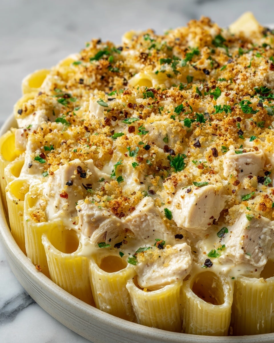 A close-up of creamy pasta with three main layers visible: the first layer is rigatoni pasta in pale yellow, coated thickly with a smooth white cheese sauce; the second layer is a golden brown crumb topping sprinkled evenly over the pasta, adding a crispy texture; the third layer has small green herb bits scattered on top for color contrast. The dish is inside a white bowl, placed on a white marbled surface, with warm soft light highlighting the creamy and crunchy textures. Photo taken with an iphone --ar 4:5 --v 7
