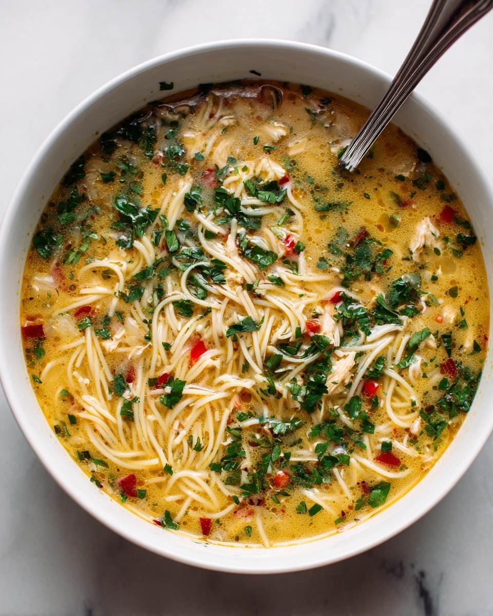 A white bowl filled with creamy noodle soup that has a yellowish broth. Thin noodles sit mostly beneath the surface, with chopped red and white pieces visible throughout. The top layer has chopped green herbs sprinkled over the soup, adding a fresh touch. Small bits of chicken or similar protein are mixed inside, giving a slight texture contrast. A silver spoon rests inside the bowl on one side. The bowl is placed on a white marbled surface. photo taken with an iphone --ar 4:5 --v 7