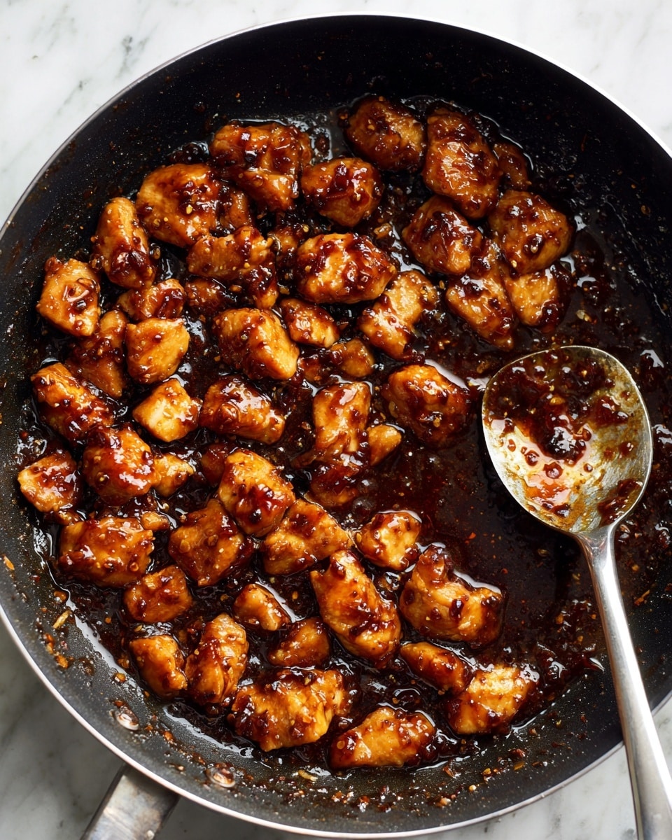 The image shows a black frying pan filled with small pieces of cooked chicken coated in a thick dark brown sauce, giving the dish a shiny, sticky look. A large metal spoon rests on the right side of the pan, also covered with some sauce, and bits of sauce cling to the sides of the pan. The background is a white marbled surface. photo taken with an iphone --ar 4:5 --v 7
