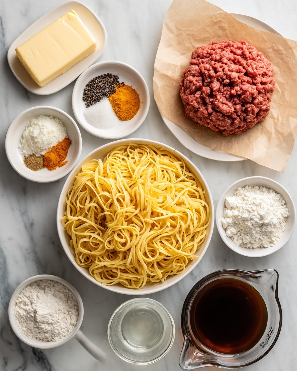 The image shows several ingredients on a white marbled surface. In the center, there is a white bowl filled with uncooked yellow egg noodles. Above it is a white plate with four separate piles of spices: orange, white, black, and tan. To the top right, a mound of raw ground beef rests on brown parchment paper inside a white bowl. At the top left, a stick of butter sits on a small white plate. To the left of the noodles is a small white bowl with flour, and below that, a tiny bowl containing a white creamy substance. To the right side, there is a glass measuring cup filled with clear liquid, and below that, a glass cup with dark brown broth. Photo taken with an iphone --ar 4:5 --v 7