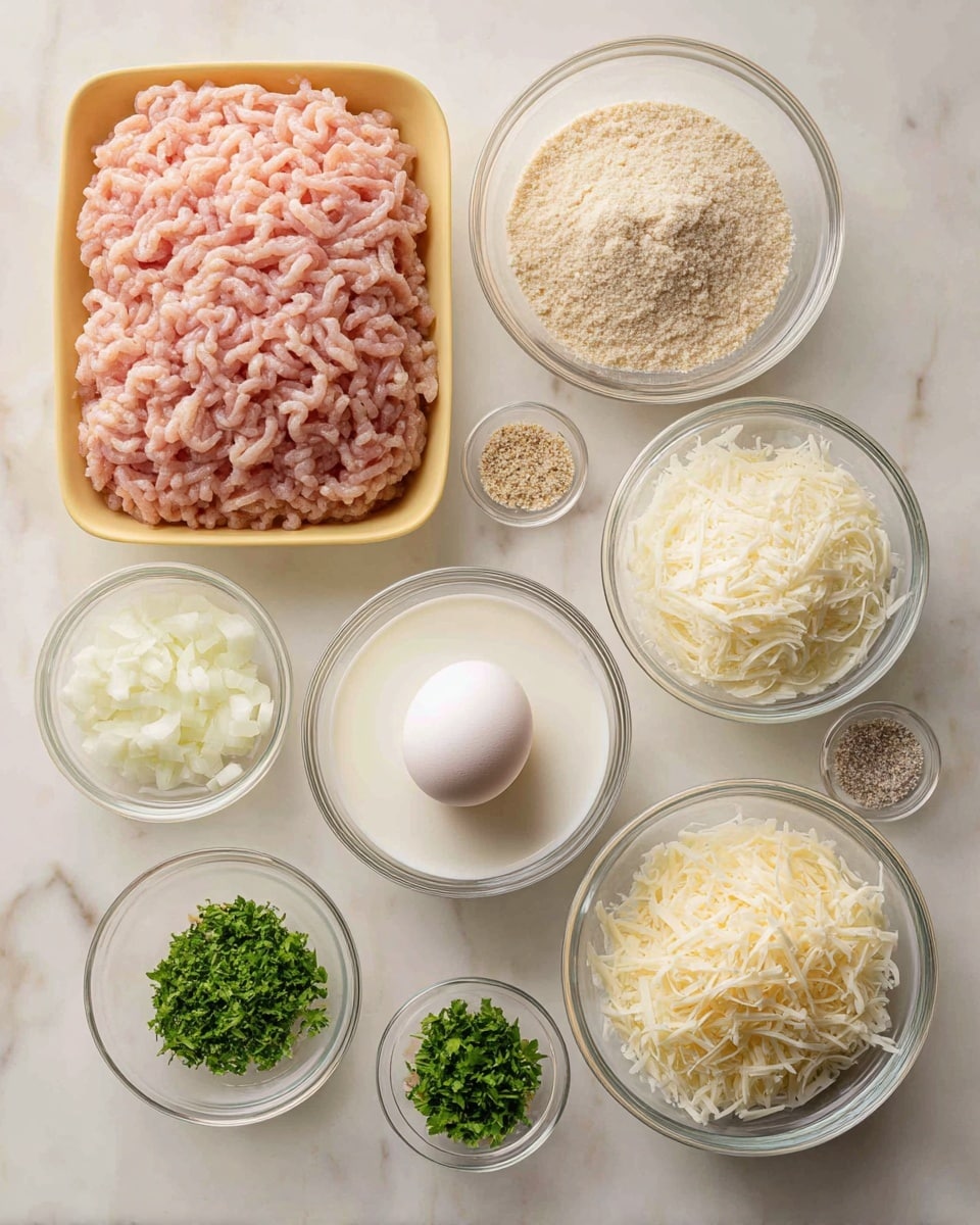 A white marbled surface holds nine clear glass bowls and one yellow plastic tray arranged in a loose cluster. The yellow tray at the top left is filled with raw ground chicken, showing pinkish strands tightly packed. To the right of the tray, a small bowl contains finely ground Italian bread crumbs, beige in color with a dry texture. Next to it is a single white egg standing upright in a small clear glass cup. Below these, from left to right, there is a small bowl of finely diced white onion, a bowl of white milk, a bowl filled with grated Parmesan cheese that is pale yellow and powdery, and a small bowl of finely chopped green parsley. Above the parsley is a small pile of minced garlic with a creamy off-white color in a clear bowl. To its right, there is a bowl with shredded Parmesan cheese, loosely piled and off-white, showing thin curls. Finally, a small bowl containing a blend of salt and black pepper rests near the bottom right. Each ingredient is clearly separated with labels on white rectangles, and the whole scene is bright and sharp. Photo taken with an iphone --ar 4:5 --v 7