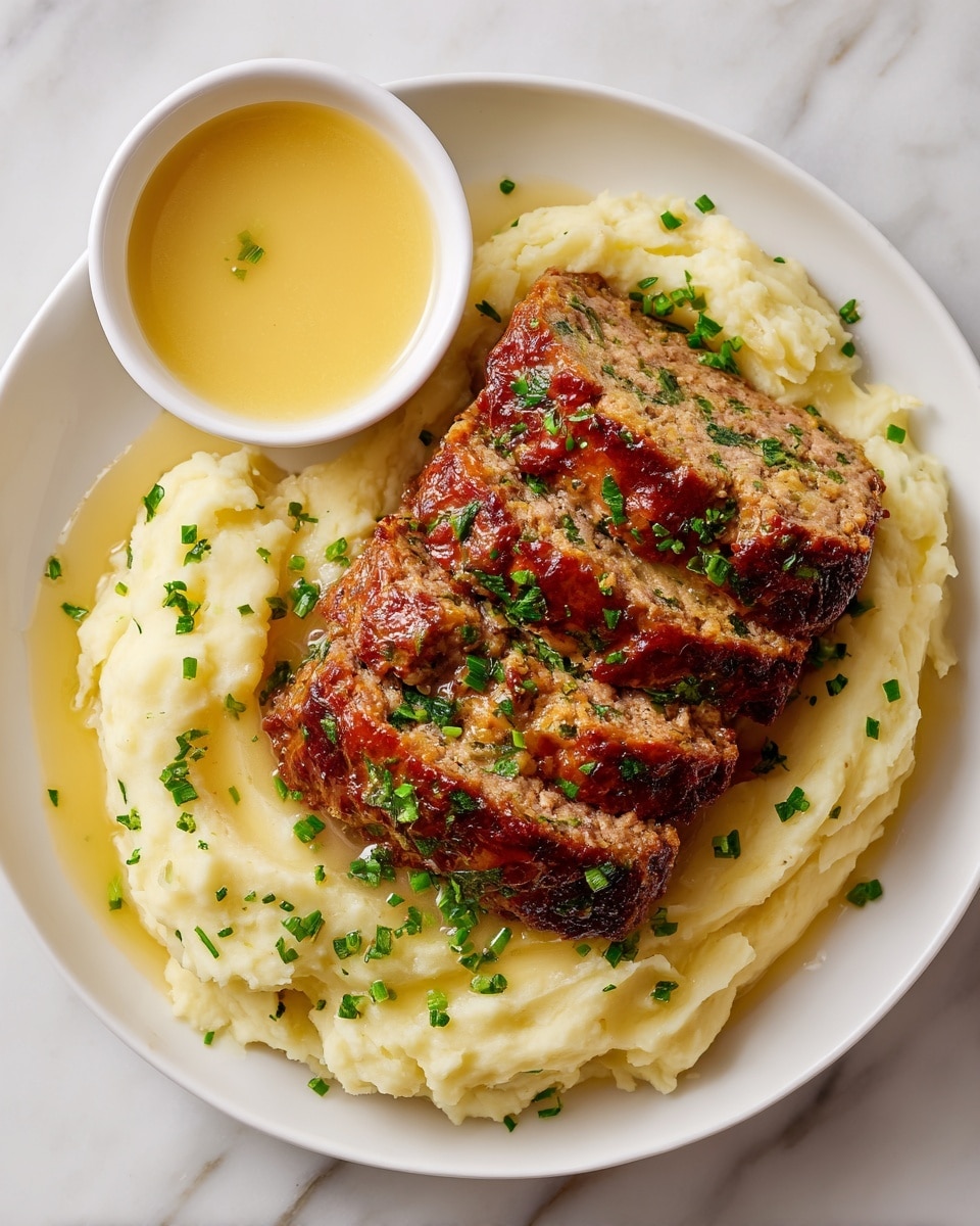 A serving of golden brown meatloaf with visible green herbs mixed inside, sliced into four thick pieces, is placed on a bed of creamy, light yellow mashed potatoes. The meatloaf has a shiny, slightly crispy top and is covered with a light sauce that pools around it on a white plate. Small green herb bits are sprinkled on top and around the dish. A small white dish filled with yellow sauce is placed next to the meatloaf on the same plate, all set against a white marbled surface. Photo taken with an iphone --ar 4:5 --v 7