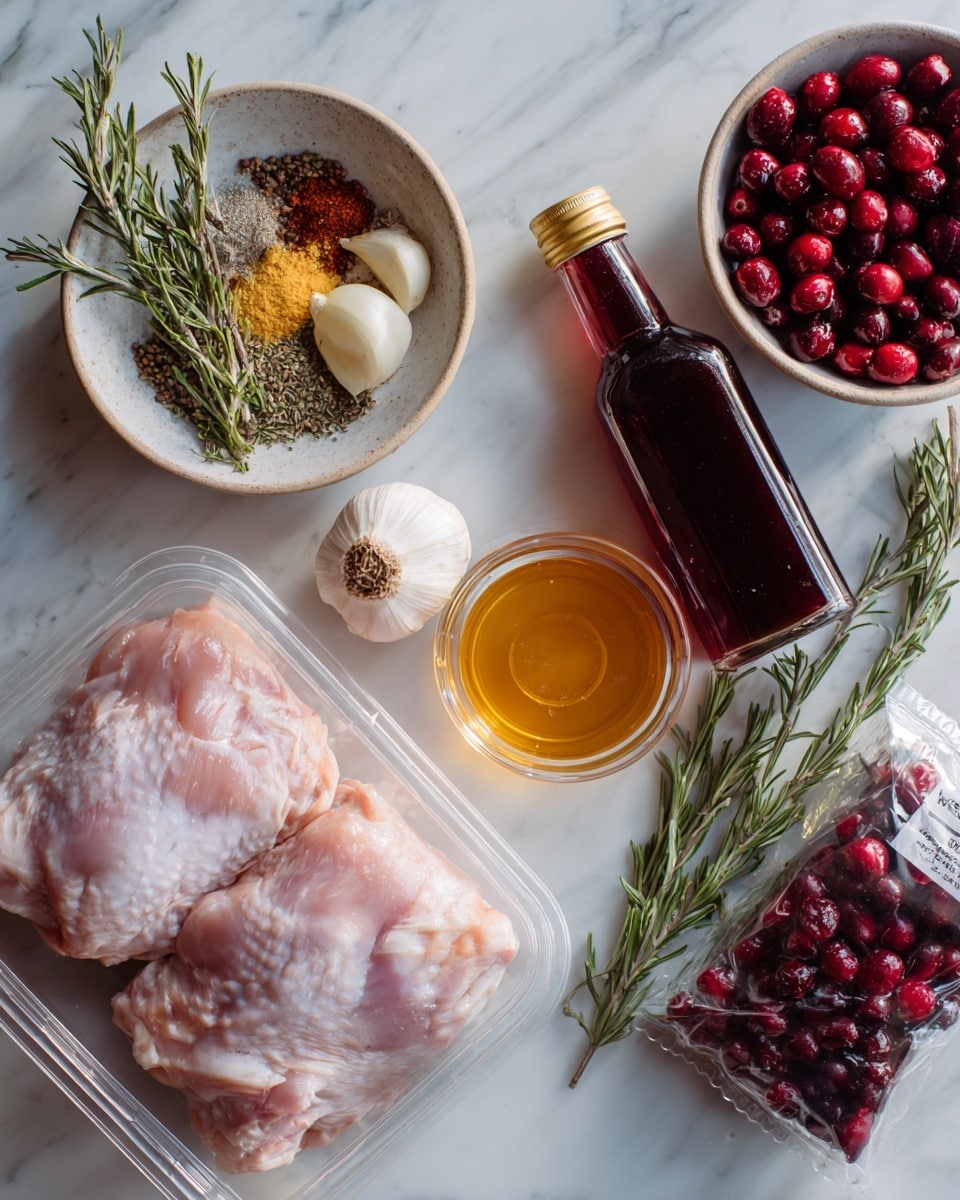 Three cooked chicken pieces with golden-brown, slightly crispy skin are placed in a black baking dish. Each piece is topped with a white, crumbly layer of cheese, brown pecans, bright red cranberries, and a fresh green rosemary sprig. The dish is garnished with dark green chopped herbs scattered over the chicken and cranberries. The background is a white marbled texture. photo taken with an iphone --ar 4:5 --v 7