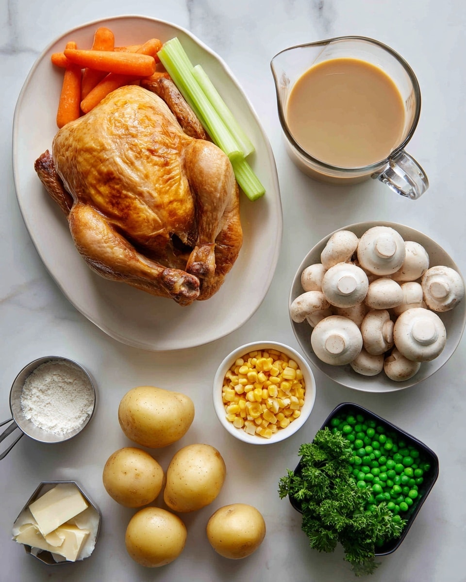 The image shows ingredients for cooking placed neatly on a white marbled surface. At the center left, a whole cooked chicken with golden brown, crispy skin rests on a white oval plate. Above the plate are three orange carrots next to three green celery sticks, a light brown whole onion, and four light yellow potatoes scattered in a semi-circle. To the right, there is a black container filled with white mushrooms, a bunch of green curly parsley, and two small white bowls—one filled with green peas and the other with yellow corn kernels. At the top right corner, a large clear glass measuring cup holds light brown broth, and beside it at the bottom right, a small clear glass measuring cup contains cream. Near the top left, a metal measuring cup holds white flour, and there is a small block of butter with two peeled garlic cloves nearby. Photo taken with an iphone --ar 4:5 --v 7