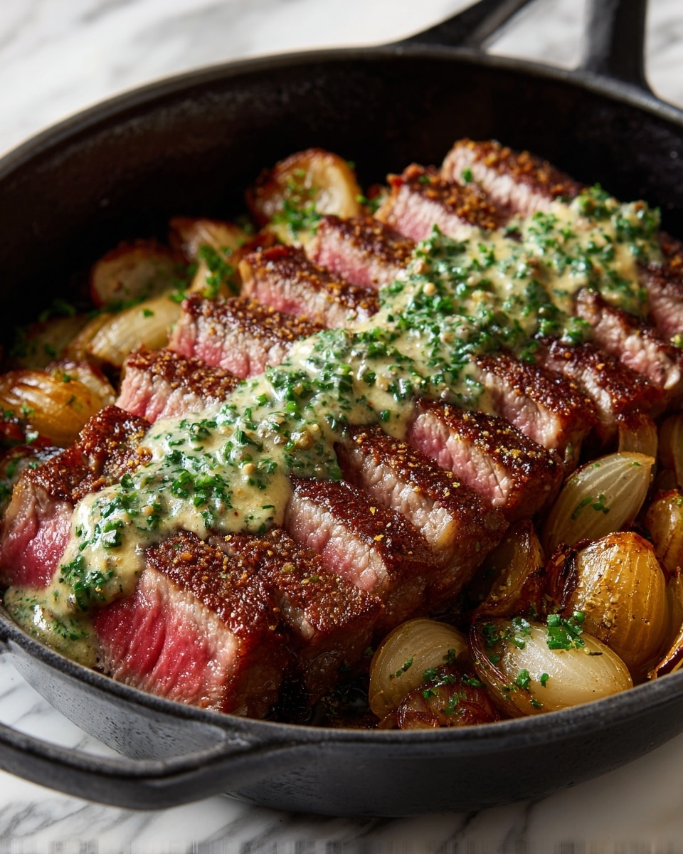 A juicy steak sliced into eight thick pieces shows a dark brown, crispy outside with a pink, tender inside. The slices are lined up in the center of a black pan. A thick, creamy sauce with green herbs covers the middle of the steak from one end to the other. Around the steak, small golden brown roasted garlic cloves rest in the sauce, which pools slightly at the bottom. The whole scene is set on a white marbled texture. Photo taken with an iphone --ar 4:5 --v 7