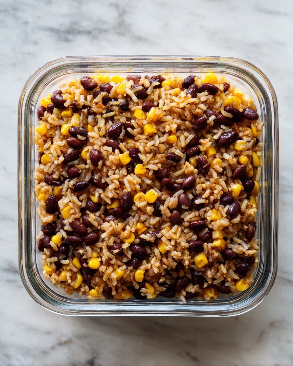 A clear glass square dish filled with a mixed layer of cooked brown rice, yellow corn kernels, and dark brown beans, all combined evenly throughout. The dish rests on a white marbled surface with soft natural light highlighting the texture of the grains and beans, showing their slightly moist and tender look. No other elements or layers are visible in the image. photo taken with an iphone --ar 4:5 --v 7
