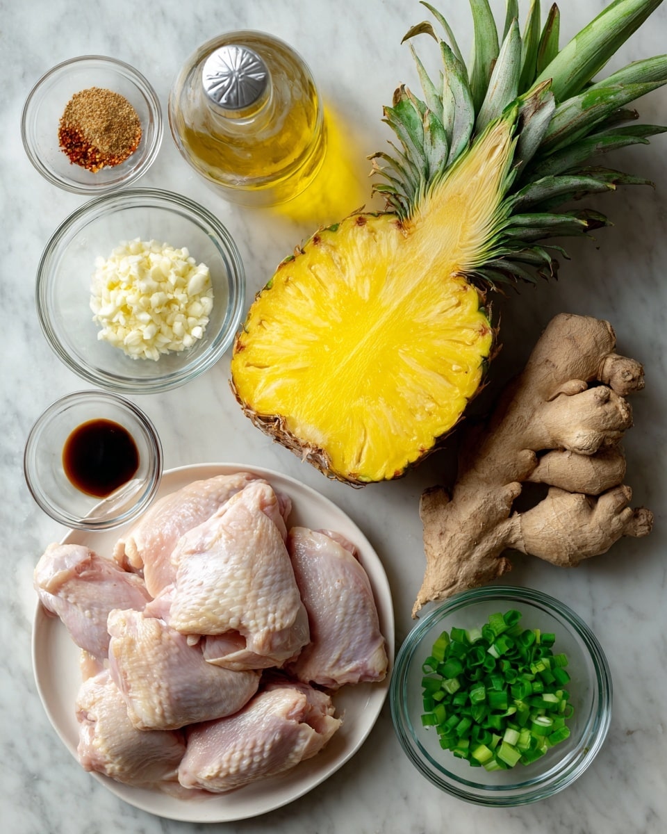 The image shows raw chicken pieces on a white plate, placed on the lower left side. Above the chicken, there is a halved pineapple with bright yellow flesh and green spiky leaves. To the right of the pineapple, there is a piece of fresh ginger root with a rough light brown skin. Around the ginger, there are four small clear glass bowls: one with chopped white garlic, one with brown ground spice, one filled with dark soy sauce, and one with chopped green onions. A bottle of light amber-colored oil with a silver cap is placed in the upper left corner. All items rest on a surface with a white marbled texture. Photo taken with an iphone --ar 4:5 --v 7