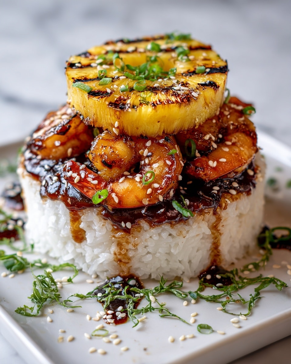 The dish shows three main layers starting with a base of white, fluffy rice shaped like a small mound. On top of the rice, there is a thick layer of caramelized shrimp glazed with a shiny, dark brown sauce sprinkled with sesame seeds and small chopped green onions. The top layer is a charred golden-yellow grilled pineapple ring with hints of grill marks, garnished with more chopped green onions. Around the plate, there are sprigs of green herbs on a white marbled surface. Photo taken with an iphone --ar 4:5 --v 7