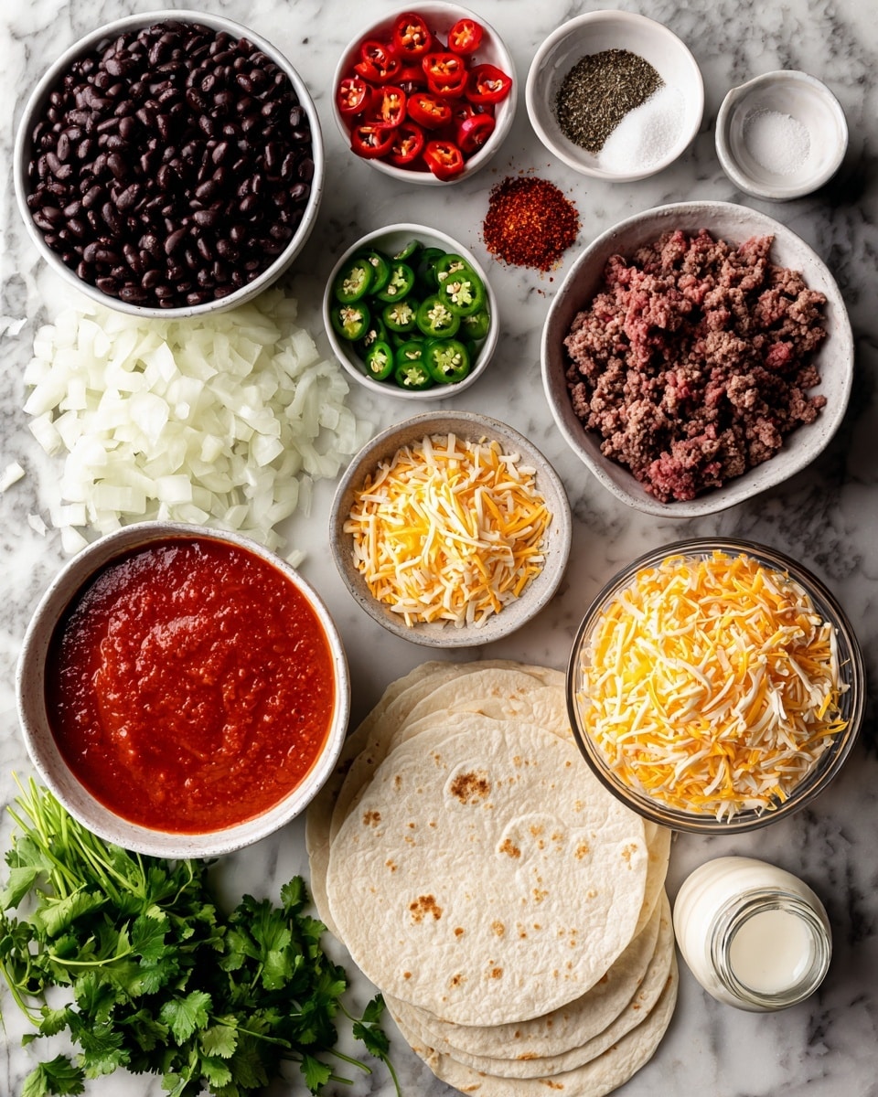 The image shows layers of ingredients for making tacos arranged on a white marbled surface. There are four white flour tortillas stacked on the right side with shredded cheddar cheese in a small bowl next to them. To their left is a bowl filled with bright red tomato sauce, and next to it are sliced white onions. Nearby are fresh green cilantro sprigs, a small bowl of black beans, and another bowl with raw ground beef. There are small piles of Mexican seasoning, chopped jalapeno peppers, and red chili peppers placed around the ingredients. Salt and pepper are in small white bowls at the top, and a jar of sour cream is at the bottom right corner. The colors and textures are clear, showing the freshness and variety of the items. photo taken with an iphone --ar 4:5 --v 7