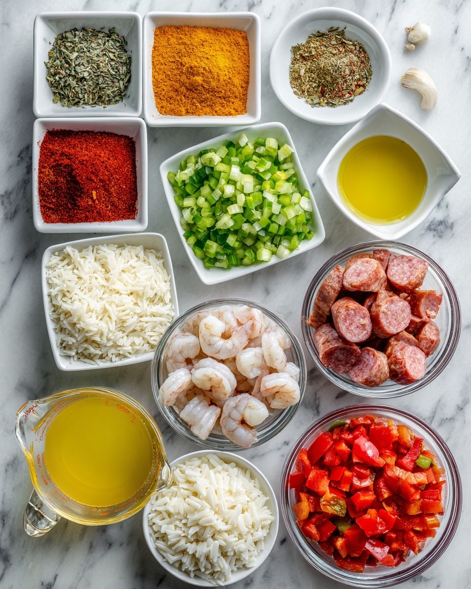 The image shows a top-down view of multiple small bowls and containers arranged on a white marbled surface, each filled with different ingredients. There are five small white square bowls containing red smoked paprika, orange cayenne pepper, brown dried thyme, chopped green onion, and dried oregano positioned at the top. A white square bowl with yellow olive oil and another with minced garlic are near the center right. Larger clear round glass bowls hold slices of reddish-brown andouille sausage, chopped white onion, raw grayish shrimp, pink pieces of raw chicken, white long grain rice, green diced bell pepper, and a measuring cup filled with red diced tomatoes. Another measuring cup with light yellow chicken broth is placed on the left side. Each ingredient is clearly labeled with bold black text above or near it. The whole layout is clean and organized. Photo taken with an iphone --ar 4:5 --v 7
