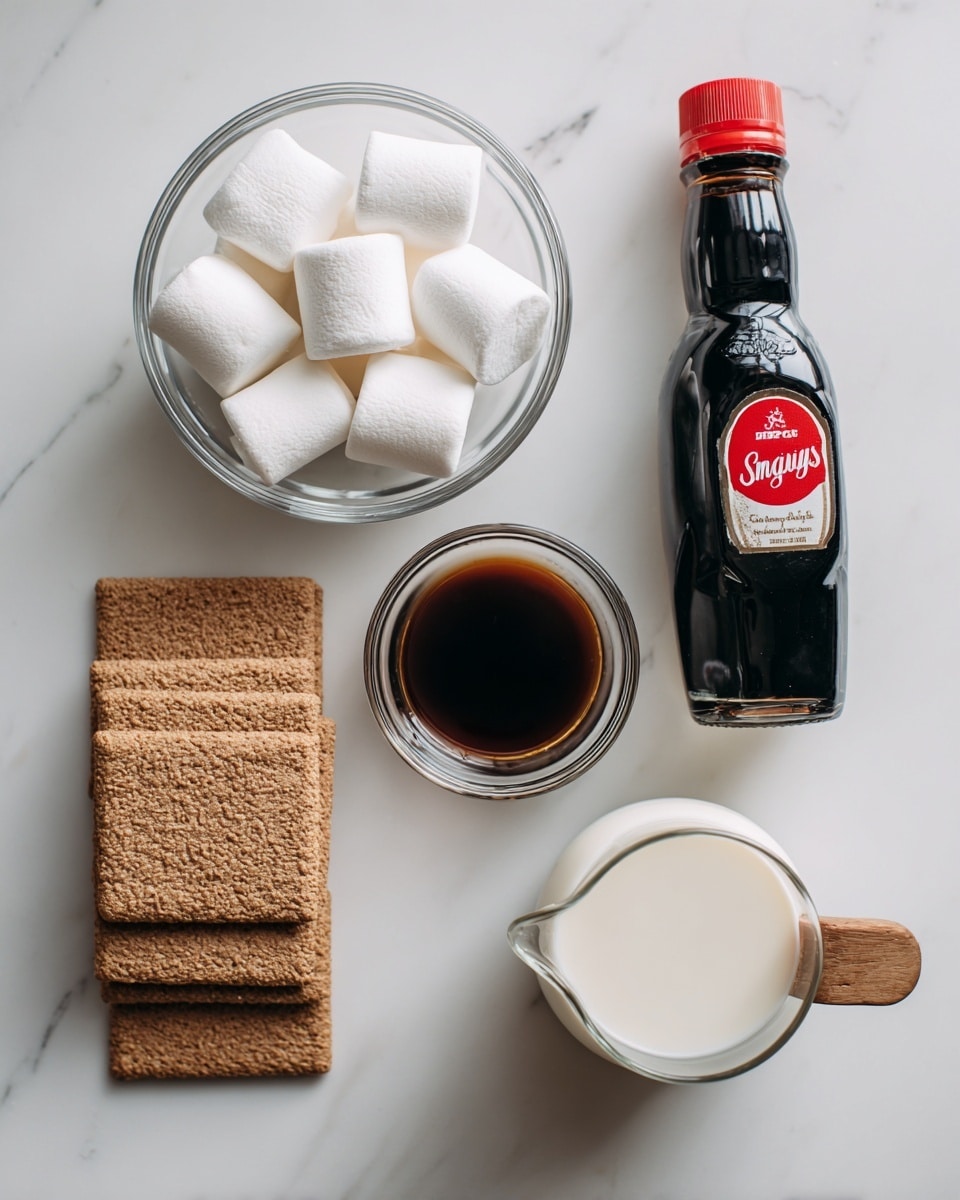 The image shows five vegan s'mores ingredients arranged neatly on a white marbled surface. At the top left is a clear glass bowl holding six white vegan marshmallows with a soft texture. To the top right is a black bottle with a red label containing dark chocolate syrup, smooth and glossy. Below the marshmallows, to the left, are six rectangular vegan graham crackers stacked, showing a light brown, slightly rough surface. Next to that, in the center right, is a small glass cup with a wooden handle filled with a rich, dark brown double shot espresso. At the bottom center is a clear glass cup filled with creamy white dairy-free milk, with a small pouring spout visible. photo taken with an iphone --ar 4:5 --v 7