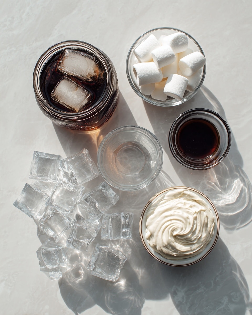 The image shows five clear glass containers arranged on a white marbled surface. At the top left, there is a wide glass jar filled with dark brown liquid and several ice cubes floating inside. To the right of this jar, a small bowl contains white marshmallows. Below the jar, there is a small empty glass next to a pile of transparent ice cubes placed directly on the surface. To the right of the ice cubes, a small bowl is filled with a dark brown liquid, and below it, another bowl holds a creamy white substance with a smooth swirled texture. The light creates soft shadows, emphasizing the textures of the liquids and ice cubes. Photo taken with an iphone --ar 4:5 --v 7
