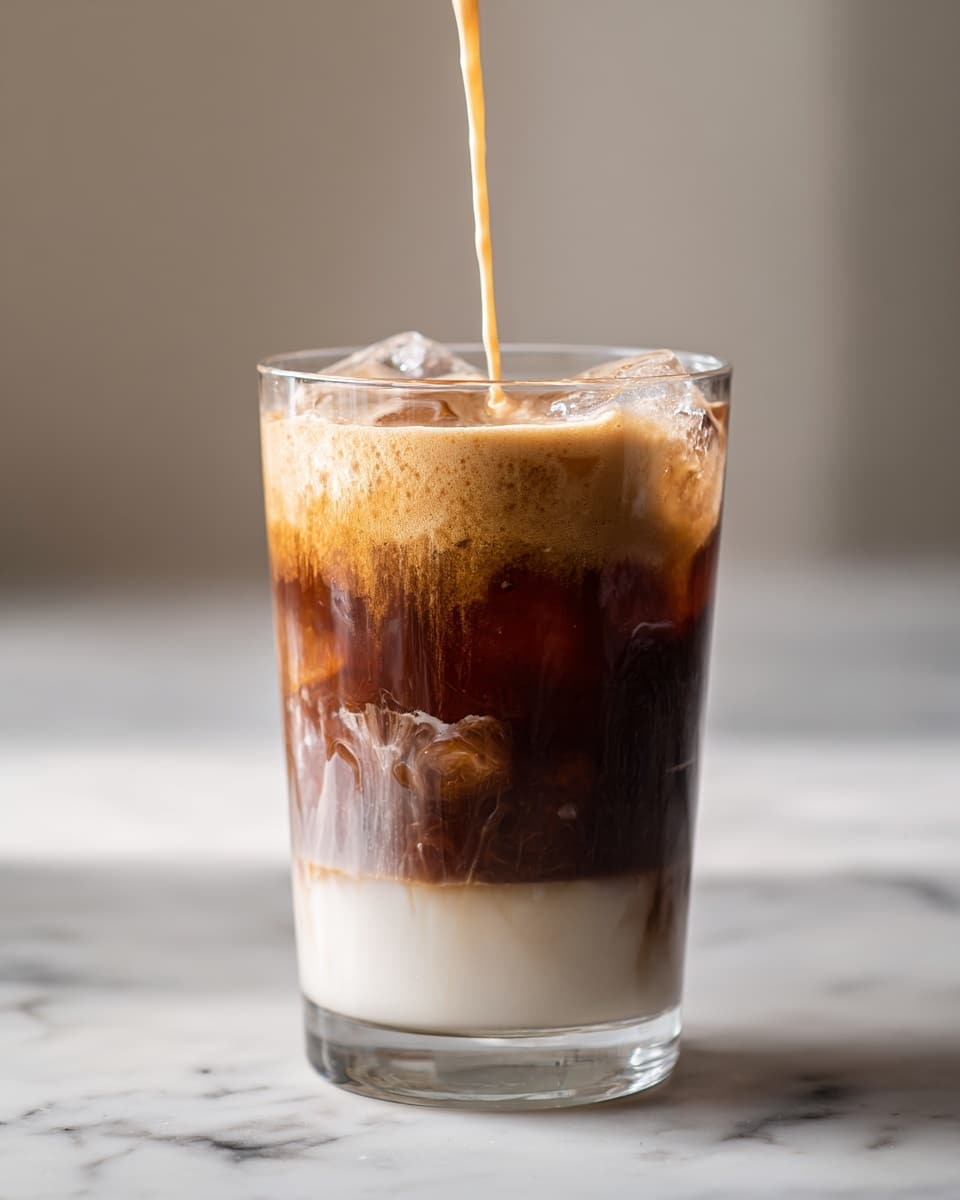 A clear glass filled with three layers: the bottom layer is smooth white milk, the middle layer is dark brown coffee with ice cubes, and the top layer is a thick, creamy light brown foam being poured from above. The coffee has slight drips down the inside of the glass. The glass sits on a white marbled surface with soft warm light in the background. Photo taken with an iphone --ar 4:5 --v 7