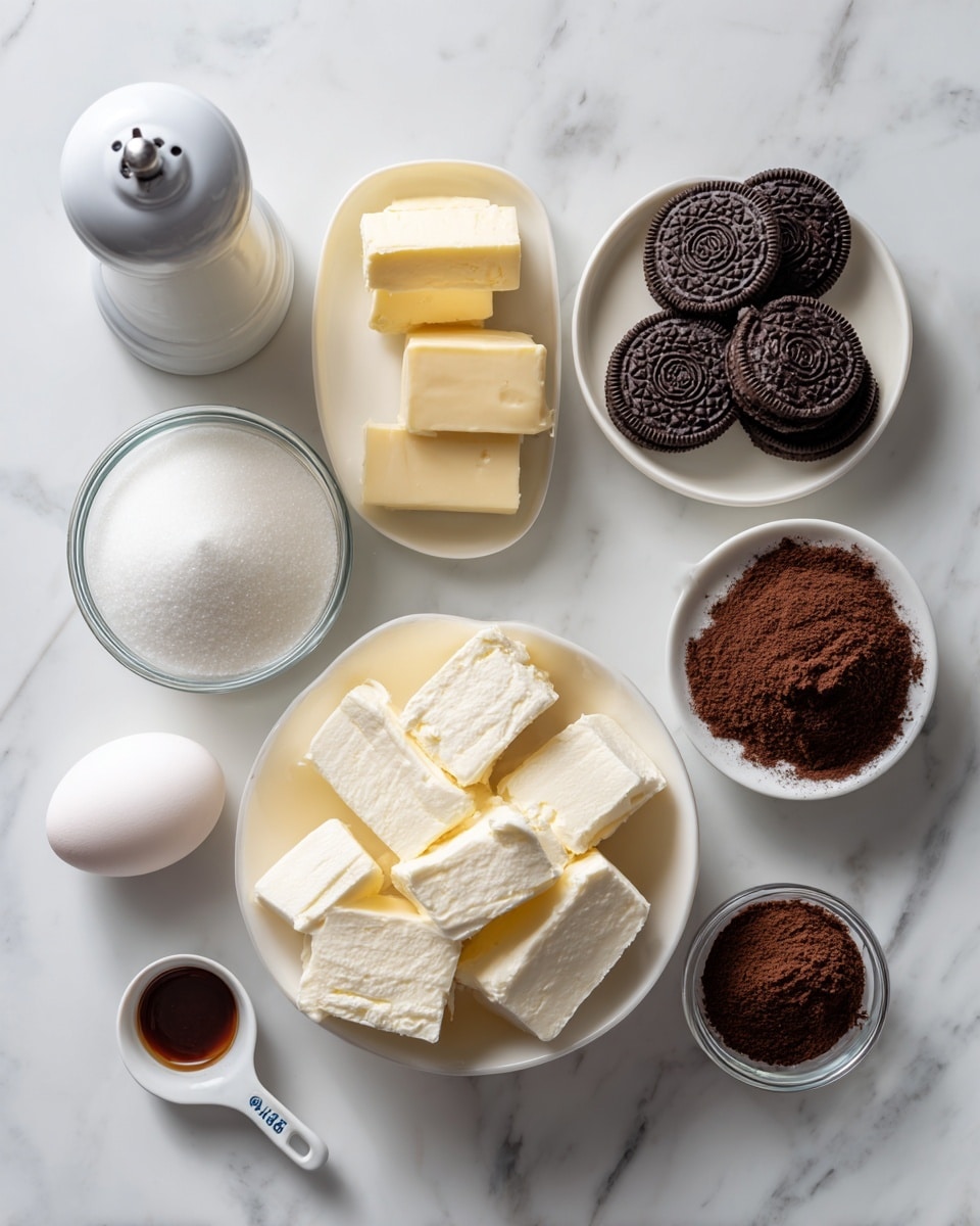 The image shows several ingredients neatly placed on a white marbled surface. In the top left, there is a tall white salt grinder. Below it is a small white plate with four square pieces of pale yellow butter. To the right, a small white bowl holds whole Oreo cookies stacked inside. Below the Oreos, a larger white bowl contains large white cubes of cream cheese. On the left, a small clear glass bowl contains white sour cream, and next to it, another clear glass bowl is filled with white granulated sugar. At the bottom left, a white egg sits in a small white bowl. To the right of the egg is a small white measuring spoon filled with dark brown vanilla. Beside the vanilla, a small clear glass bowl contains dark brown cocoa powder. The colors stand out clearly against the white marbled surface. Photo taken with an iphone --ar 4:5 --v 7