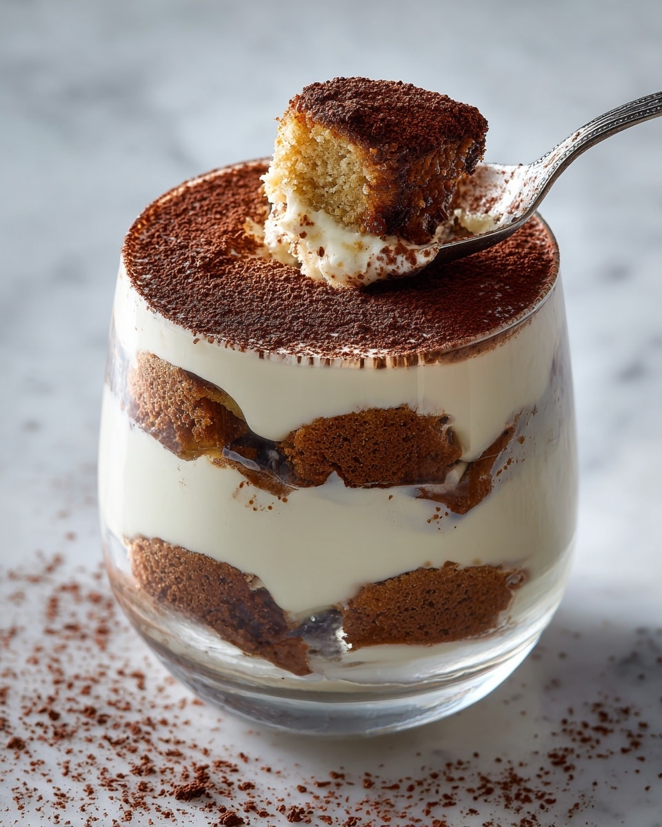 A clear glass shows four layers from bottom to top: a creamy white layer, a light brown biscuit layer, another thick creamy white layer, and a final light brown biscuit layer, all dusted with dark brown cocoa powder on top. A spoon with a silver handle holds a scoop revealing the creamy white layer with cocoa powder and a piece of biscuit. The background and surface have a white marbled texture. photo taken with an iphone --ar 4:5 --v 7
