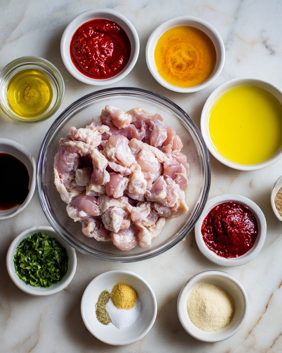 A white marbled surface holds a central clear glass bowl filled with raw, light pink chicken pieces. Around it, there are eleven small white bowls and one small clear glass, each containing different colorful ingredients: bright red chili sauce, pale yellow minced garlic, orange-yellow lemon juice, deep red sauce, finely chopped green herbs, white salt, granulated pale yellow sugar, light golden oil, small beige powder, coarse white powder, and creamy light beige mayonnaise. The bowls and glass are arranged evenly in a rough circle around the main bowl. Photo taken with an iphone --ar 4:5 --v 7