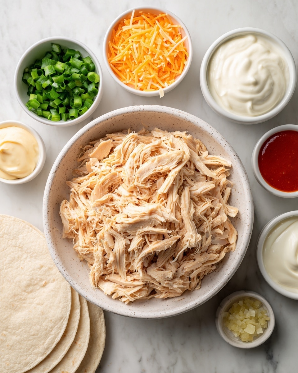 A white speckled bowl filled with shredded light beige cooked chicken is placed on a white marbled surface. Surrounding it are small white bowls: one with bright orange shredded red cheddar cheese, one with chopped dark green onion rings, one with pale yellow shredded regular cheddar cheese, one with smooth white light yogurt, one with creamy light mayonnaise, one with minced pale yellow garlic, and one with a small amount of bright red hot sauce. Next to the bowls are soft, light tan large tortilla wraps stacked together. The setup is bright and clean, showing all ingredients neatly arranged for easy use. Photo taken with an iphone --ar 4:5 --v 7