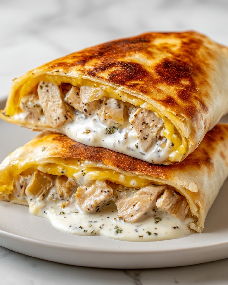 This image shows a close-up of a rolled tortilla wrap filled with creamy, cheesy chicken pieces. The wrap is light brown and slightly toasted on the edges, holding three main layers inside: juicy cooked chicken chunks with a light golden-brown color and black pepper specks; melted white cheese covering the chicken with a smooth and shiny texture; and a sauce with an orange tint peeking through the edges, adding a slight contrast to the creamy cheese. The wrap is placed on a white bowl with a white marbled surface in the background. photo taken with an iphone --ar 4:5 --v 7