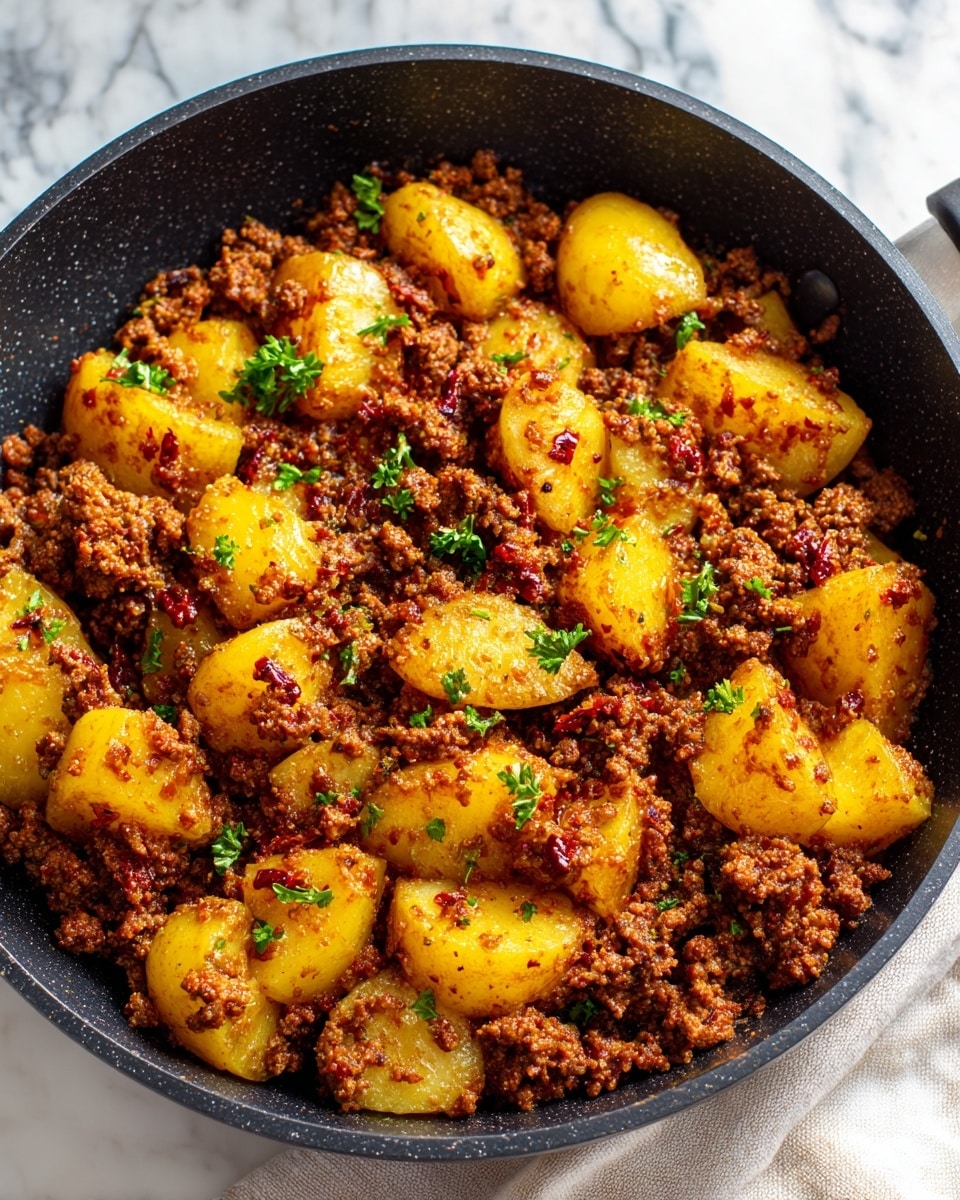 A white bowl filled with a warm mixture of browned ground meat and golden-yellow potato chunks coated with spices. The ground meat appears crumbly with a rich brown color, and the potato pieces are soft with a slightly crispy edge, lightly dusted with red spices. Bright green parsley is sprinkled on top in small pieces, adding a fresh touch. The dish sits on a white marbled surface, and the close-up view highlights the textures and colors well, making the food look hearty and appetizing. Photo taken with an iphone --ar 4:5 --v 7