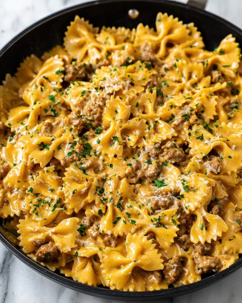 Cajun Cream Cheese Alfredo Bowties with Spiced Ground Beef Recipe