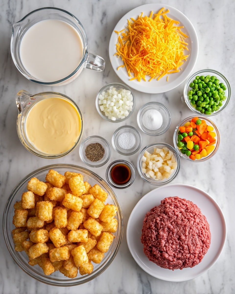 The dish is a baked casserole in a white round dish, showing three layers clearly. The bottom layer consists of cooked ground meat with a rich brown color and slightly moist texture. The middle layer is melted cheddar cheese, bright orange and gooey, spreading evenly across the meat. The top layer is a close arrangement of golden-brown tater tots, crisp and round, covering the entire surface. A section of the casserole is missing, revealing the inside layers. The dish is placed on a white marbled surface. Photo taken with an iphone --ar 4:5 --v 7