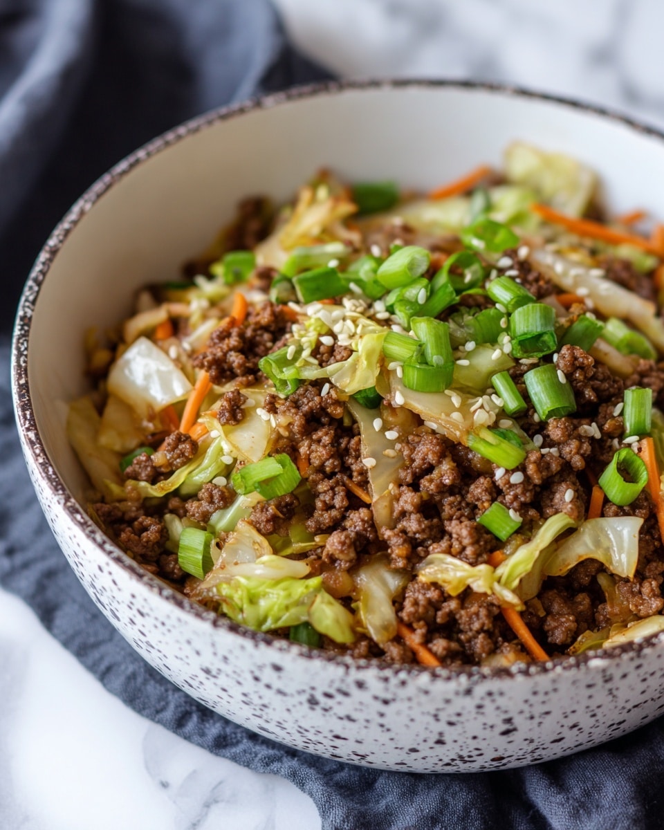 A bowl filled with a mix of cooked minced meat and cooked cabbage pieces, along with thin slices of carrot and green leafy vegetables mixed throughout. The minced meat is dark brown and crumbly, while the cabbage is light green to almost white with a slightly shiny, soft texture. Small rings of green onion and sesame seeds are scattered on top, adding pops of green and white. The bowl is white with a speckled brown rim, sitting on a white marbled surface. photo taken with an iphone --ar 4:5 --v 7