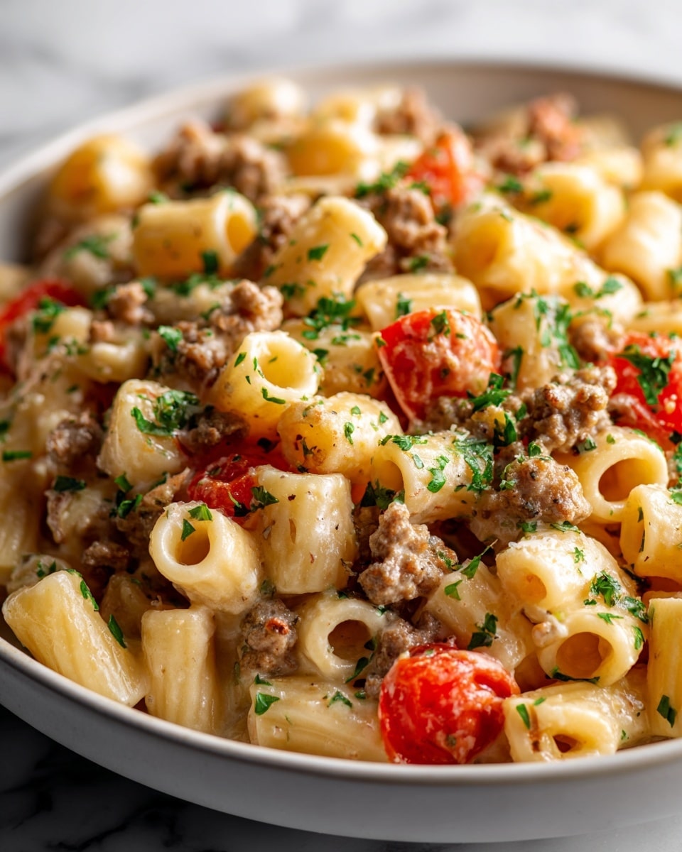 A close-up view of a black pan filled with baked pasta. The bottom layer is pale yellow cooked penne pasta, topped with small browned pieces of meat mixed evenly throughout. The top layer is melted cheese, creamy white to light golden with slightly browned spots. Small green herb leaves are sprinkled here and there on top, adding a fresh touch to the rich dish. Photo taken with an iphone --ar 4:5 --v 7