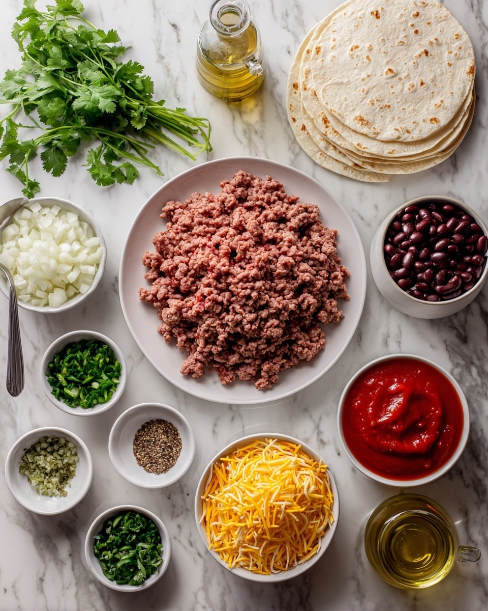 The dish shows a bowl filled with a thick mix of cooked ground beef, rice, black beans, corn, and diced tomatoes, all blended in a reddish-orange sauce. On top, melted yellow cheese covers part of the mix, with some green herb pieces scattered for garnish. The bowl is white with a blue rim, and a sprig of fresh curly parsley is seen in the background, all set on a white marbled surface. photo taken with an iphone --ar 4:5 --v 7