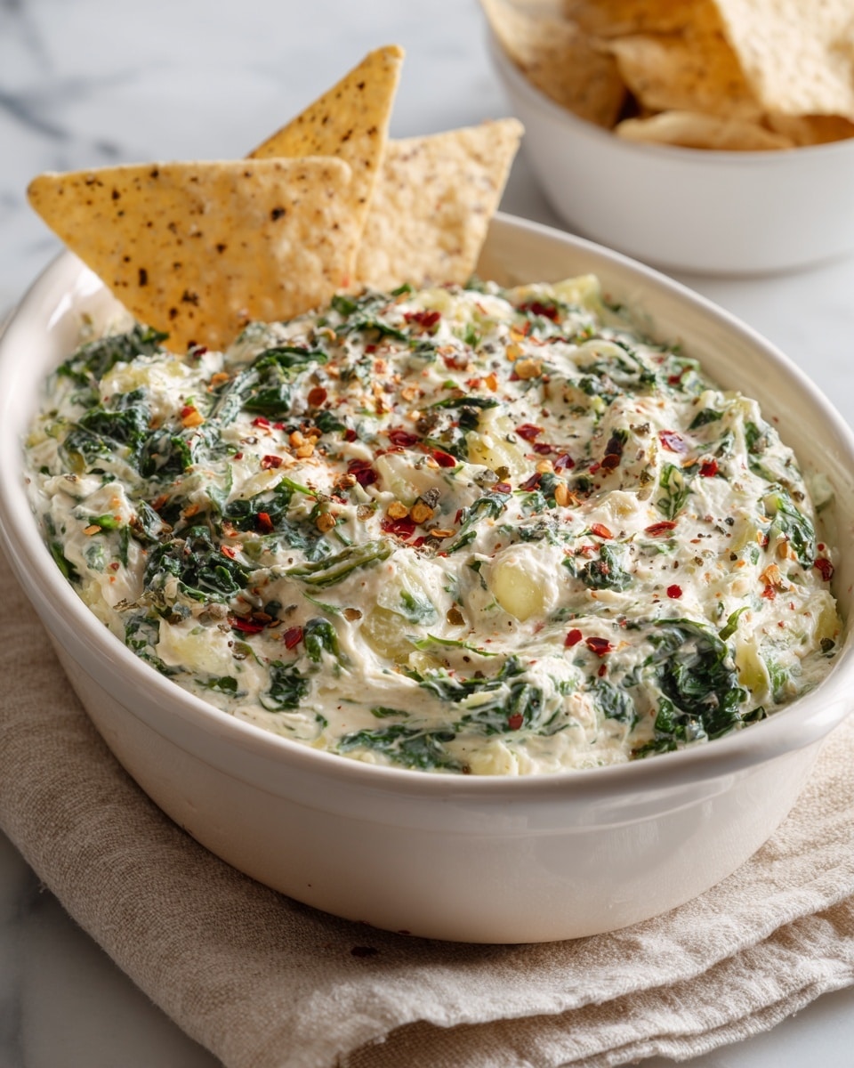An oval white ceramic dish holds a creamy spinach and artichoke dip, with visible chunks of pale yellow artichoke pieces and green spinach leaves mixed into the smooth, light green creamy base. The surface has a few red chili flakes scattered on top for a slight contrast. Two triangular beige cracker pieces are partially dipped into the creamy mixture near the center. The dish is set on a white marbled surface with a beige striped cloth draped around it. In the top left corner, a white plate holds more beige crackers. Photo taken with an iphone --ar 4:5 --v 7