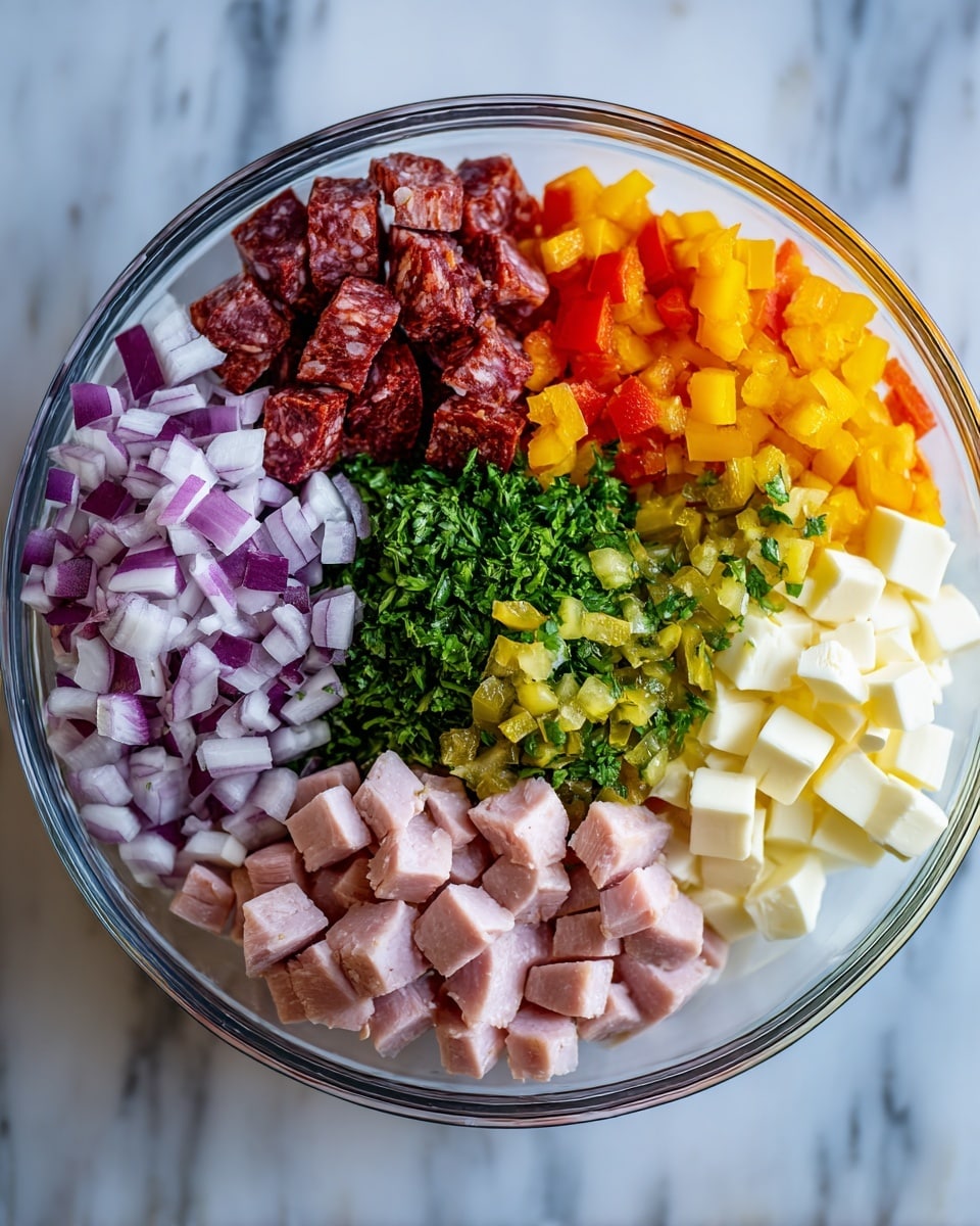 A woman's hand is holding a piece of white bread topped with a colorful vegetable mix that includes green peppers, red tomatoes, yellow pepper slices, and bits of purple onion. The vegetable layer is fresh and chunky, sitting on the bread in a loose pile. In the background, there is a white bowl filled with the same vegetable mix, showing a variety of chopped vegetables in green, red, yellow, and purple colors. The whole scene is set on a white marbled surface with some whole wheat crackers and slices of bread around the bowl. Photo taken with an iphone --ar 4:5 --v 7
