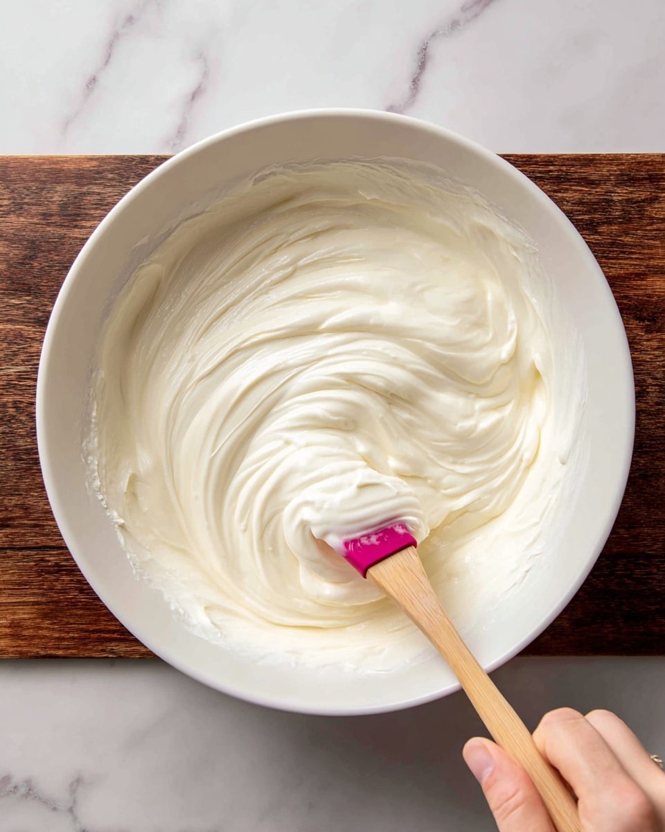 A close-up of a white bowl filled with thick, creamy white mixture that looks smooth but slightly lumpy. A woman's hand is holding a wooden spatula with a magenta silicone head, stirring the mixture on a dark wooden surface, which is replaced by a white marbled texture. The mixture spreads and folds as it is stirred, showing its soft and dense texture. Photo taken with an iphone --ar 4:5 --v 7