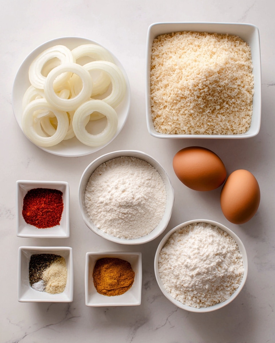 The image shows six white square bowls and one white round plate arranged neatly on a white marbled surface. The top round plate contains several pale white onion rings. Below that, a large square bowl is filled with light beige panko breadcrumbs. To the right, a smaller square bowl holds two brown eggs. Below these, two square bowls are filled with white powders, the left one labeled cornstarch and the right one flour. At the bottom, one small square bowl is divided into four sections, each holding a different spice: orange paprika, light yellow garlic powder, black pepper, and white salt, arranged in neat piles. The bowls and plate are clean and the textures of the powders and breadcrumbs are clear. Photo taken with an iphone --ar 4:5 --v 7