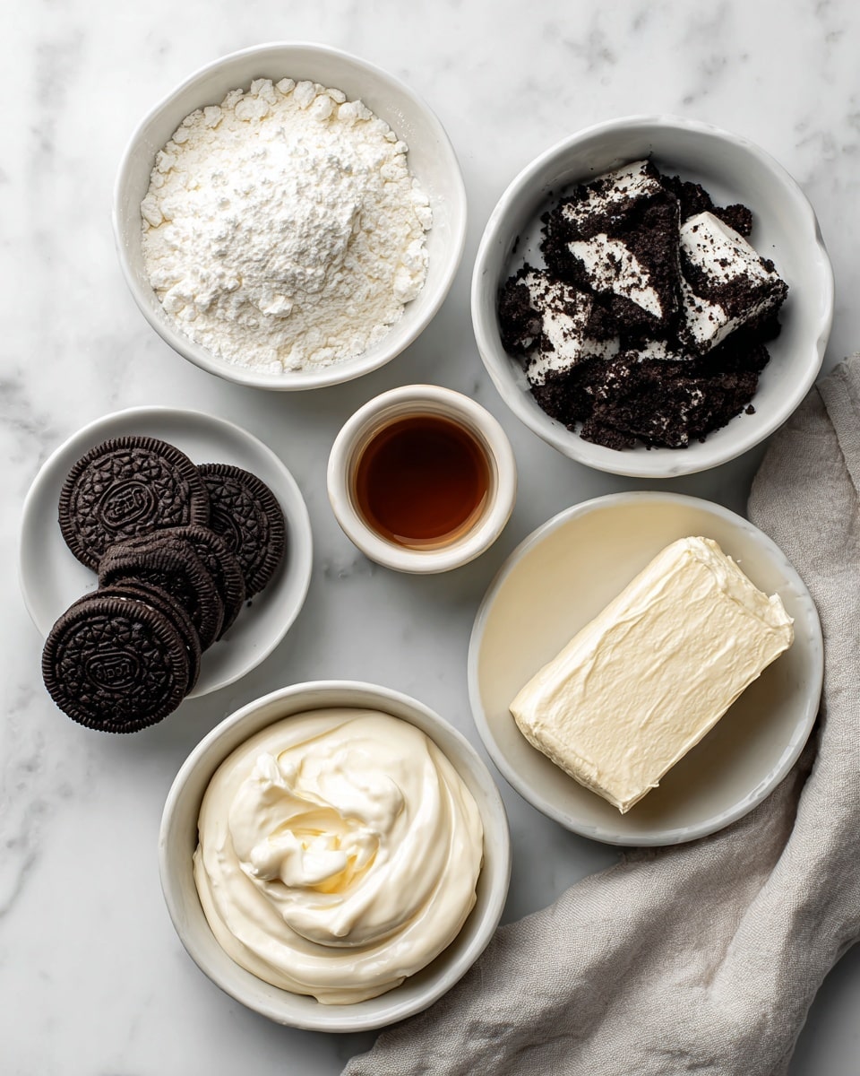 The image shows six white bowls arranged on a white marbled surface. The top left bowl is filled with white powder. Next to it, the top middle bowl contains dark crushed cookie pieces. To the right, a small cup holds a brown liquid. The bottom left bowl has thick white cream, and in the bottom right bowl, a block of cream cheese with a dollop of cream on it is visible. Three whole dark cookies are placed between the top and bottom rows of bowls. A folded light cloth is seen near the bottom right corner. photo taken with an iphone --ar 4:5 --v 7