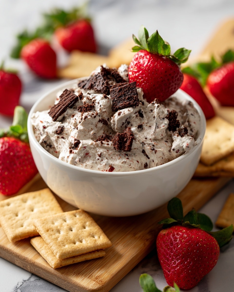 A white bowl is filled with a creamy mix that is white with small dark cookie pieces mixed in all around, topped with bigger broken cookie pieces and a whole red strawberry on top. The bowl sits on a light wooden board with square crackers in front of it. Around the bowl, there are many fresh red strawberries with green leaves, some whole and some partly blurred in the background. The surface is a white marbled texture. Photo taken with an iphone --ar 4:5 --v 7