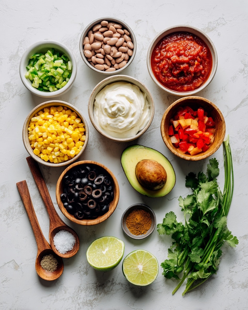 The image shows a flat lay of various colorful ingredients arranged neatly on a white marbled surface. There are nine small white and light wooden bowls spread out, each filled with different items: light brown refried beans with a smooth texture, bright red salsa with chunky bits, creamy white sour cream, yellow corn kernels, black sliced olives, chopped bright green onions, and diced red tomatoes. Near the center, a whole dark green avocado and a halved avocado with a visible brown seed and soft yellow-green flesh are placed. Below the bowls, two lime halves show their light green juicy interior, a small bunch of fresh green cilantro with leafy stems sits nearby, and two small wooden spoons hold light brown cumin powder and white salt. Everything is laid out in a clean, organized way. photo taken with an iphone --ar 4:5 --v 7