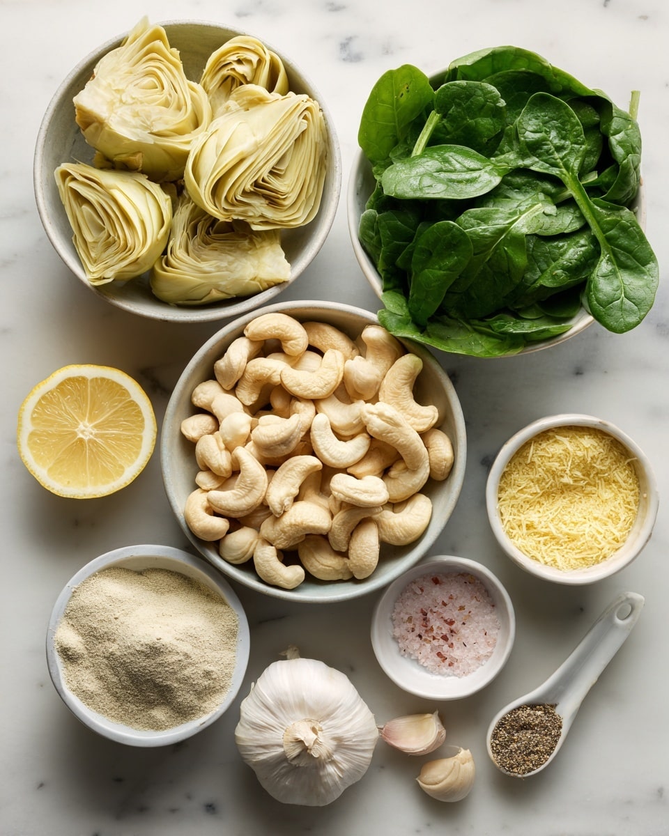 The image shows several small bowls and items arranged on a white marbled surface. At the top center is a round bowl filled with pale yellow artichoke hearts with a soft layered texture. To the right, a round bowl contains fresh green spinach leaves with visible veins. Below the artichokes, there is a bowl filled with many raw cashews, which are light beige and smooth. Between the cashews and spinach are two lemon halves with pale yellow flesh and a rough texture. A small bowl next to the cashews contains finely ground garlic powder, placed near two whole garlic cloves. Below this, a small white dish holds pink salt and black pepper mixed together. To the right, a small white spoon contains a dollop of light brown miso or nutritional yeast paste, next to a bowl filled with fine, yellow nutritional yeast flakes. The setup is clean and neatly arranged, photo taken with an iphone --ar 4:5 --v 7