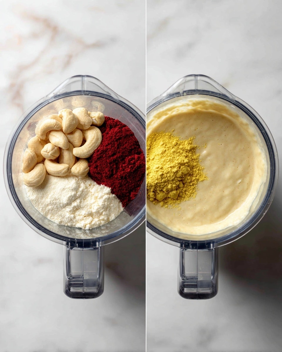Two side-by-side top view photos of a blender on a white marbled surface. The left photo shows the blender with seven visible ingredients inside: pale beige cashews at the top left, creamy white powder on the bottom left, deep red liquid near the middle, bright yellow powder below the red liquid, light yellow powder on the right, and white powder above them. The right photo shows the same blender on the same surface with the ingredients blended into a smooth, light beige creamy sauce filling the blender evenly. Photo taken with an iphone --ar 4:5 --v 7