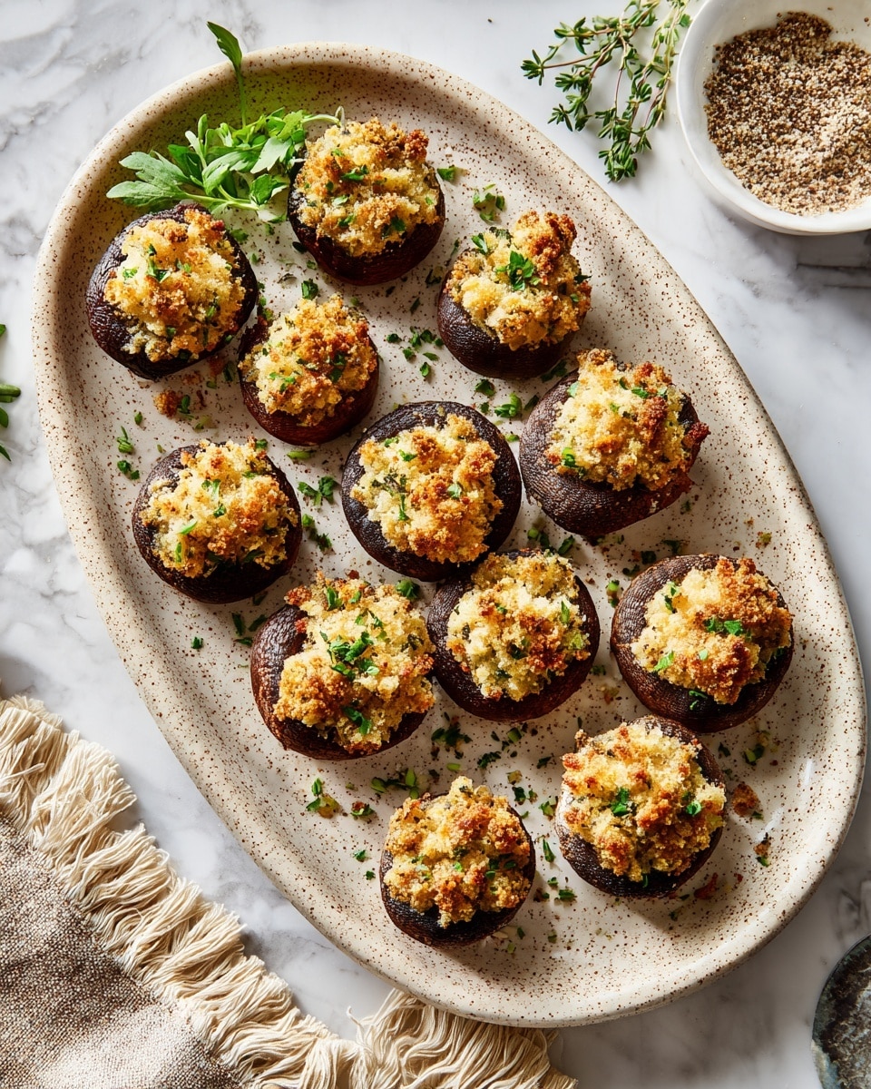 A large oval plate with a speckled beige surface holds thirteen stuffed mushrooms arranged casually in a loose grid. Each mushroom has a dark brown base and is topped with a crumbly, golden brown stuffing mixed with small green herb bits, giving a textured and slightly crisp look. The plate is set on a white marbled surface decorated with fresh herbs scattered around, and a small white bowl with a coarse ground seasoning mix lies at the top right. A beige fringed cloth is positioned at the bottom left corner of the frame. Photo taken with an iphone --ar 4:5 --v 7