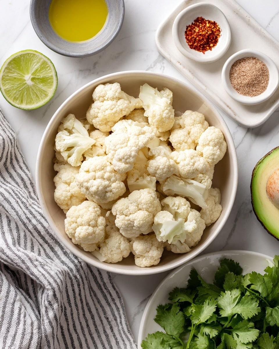 A white plate is filled with a pile of golden-brown roasted cauliflower pieces, each with a slightly crispy texture and darker spots from roasting. The cauliflower pieces are sprinkled with small purple onion bits and small green herb leaves. A fresh green lime half sits on the side among the cauliflower, adding a bright pop of color. The plate rests on a white marbled surface, creating a clean and simple background. photo taken with an iphone --ar 4:5 --v 7