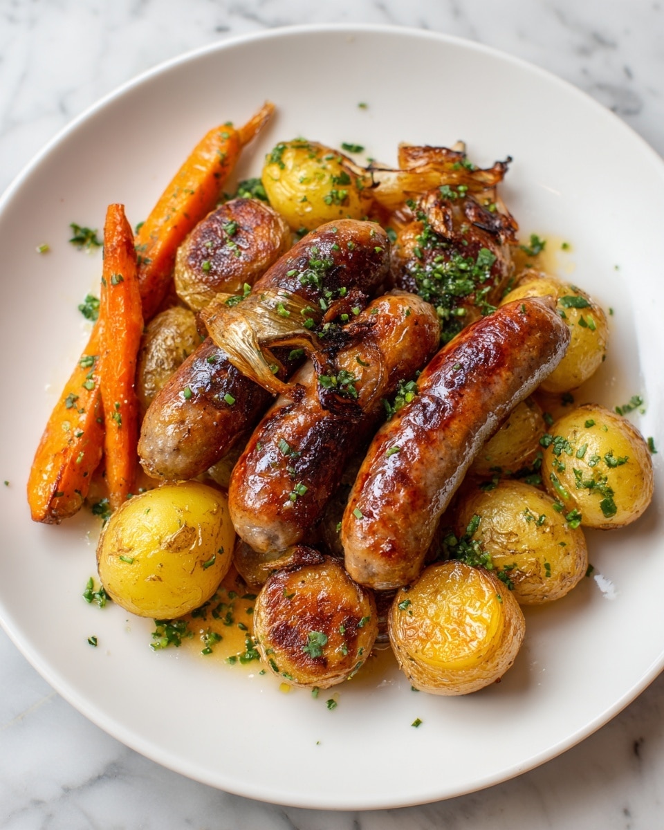 The image shows a baking tray filled with raw sausages, yellow pepper strips, green peppers, and quartered red onions. There are five sausages placed diagonally across the tray with a reddish-brown color and a coarse texture. The yellow and green peppers are sliced into long thin strips and scattered evenly around and between the sausages. The red onions are cut into large quarters with visible layers and placed near the edges and in the middle of the tray. All ingredients rest on a light, slightly oily surface of the baking sheet. The tray is set on a white marbled texture surface. photo taken with an iphone --ar 4:5 --v 7