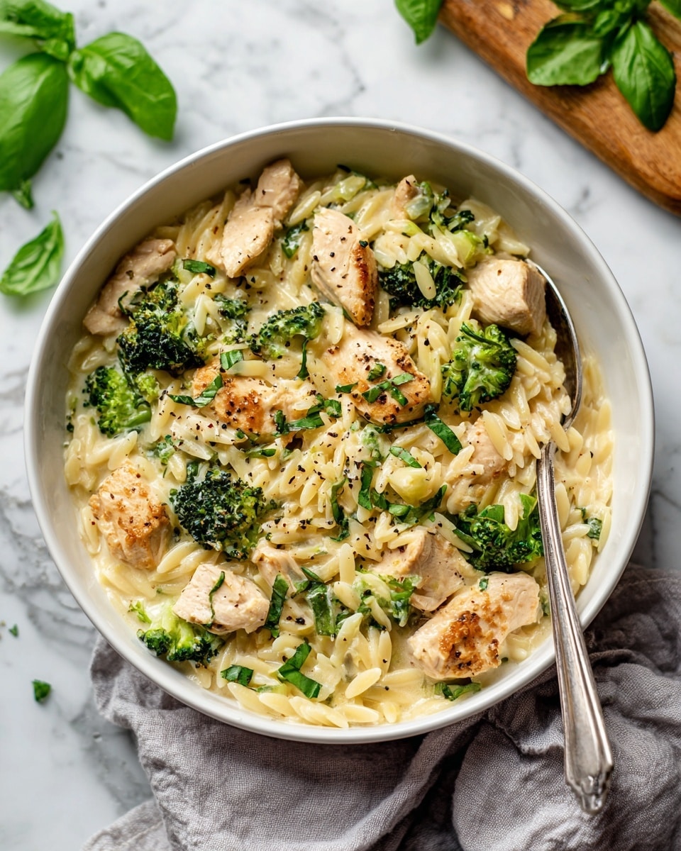A white bowl filled with a creamy dish showing three main layers: tender chunks of light beige chicken, small bright green broccoli florets, and smooth, slightly shiny orzo pasta in a pale yellow sauce that looks rich and creamy. The dish is sprinkled with tiny black pepper bits on top and fresh green herb pieces scattered throughout. A silver spoon rests inside the bowl, angled toward the viewer. The bowl sits on a light gray cloth over a white marbled surface, and green basil leaves are placed in the background near a wooden cutting board. photo taken with an iphone --ar 4:5 --v 7