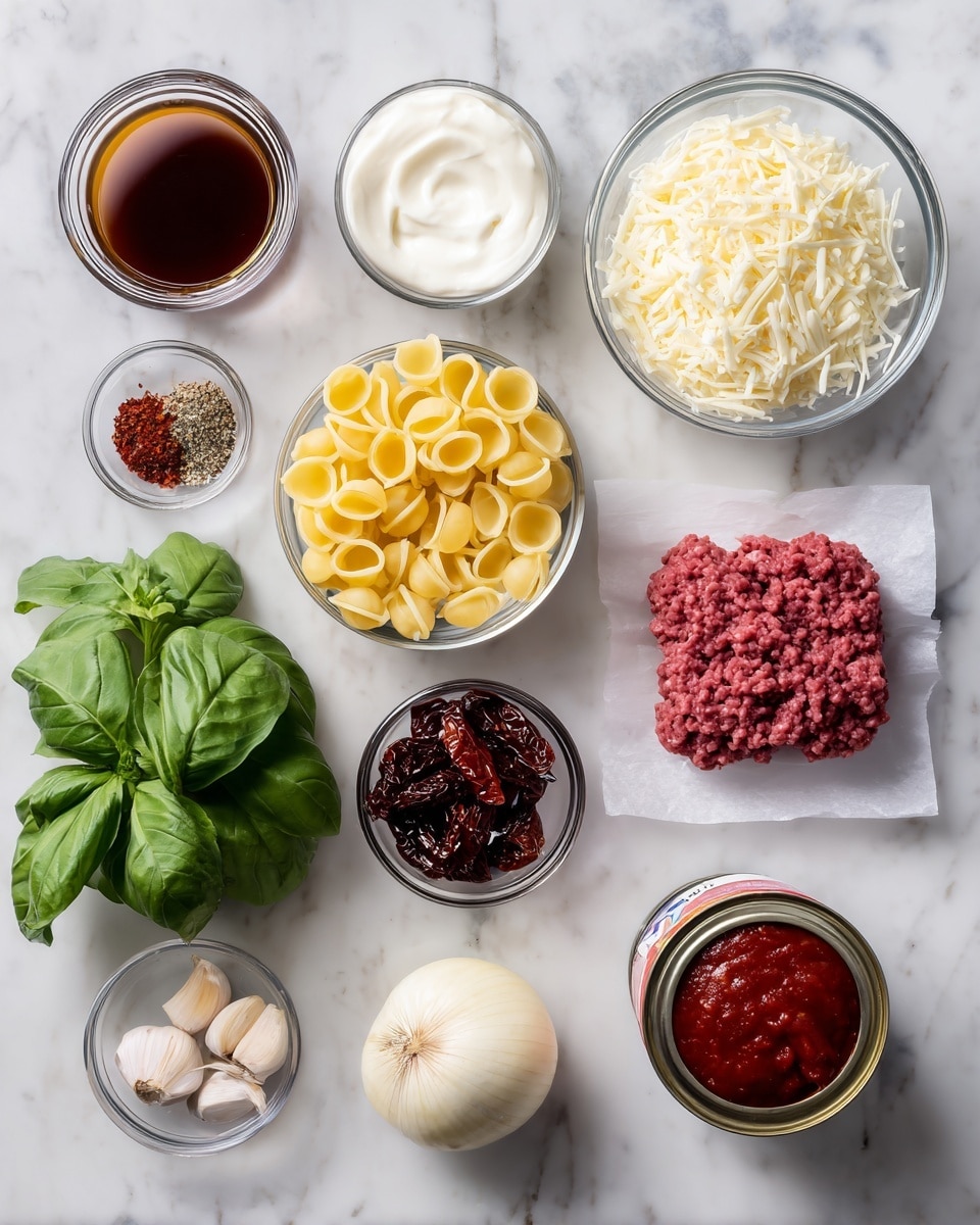 The image shows various ingredients neatly arranged on a white marbled surface with labels above or beside each item. At the top left is a small glass with brown beef broth next to a glass container with white cream. Below them is a small glass bowl filled with shredded white parmesan cheese. A bunch of fresh green basil leaves is placed to the left center. To the right of the basil is a clear bowl full of small yellow orecchiette pasta. Below the basil sits a small glass bowl with dark red sun dried tomatoes. To the right of the tomatoes is a square piece of pink ground beef on white parchment paper. Next to the beef is an open can with deep red tomato paste. At the bottom left there is a small bowl with red chili flakes, four garlic cloves, and a whole yellow onion sitting above some black pepper in a small glass bowl. Photo taken with an iphone --ar 4:5 --v 7