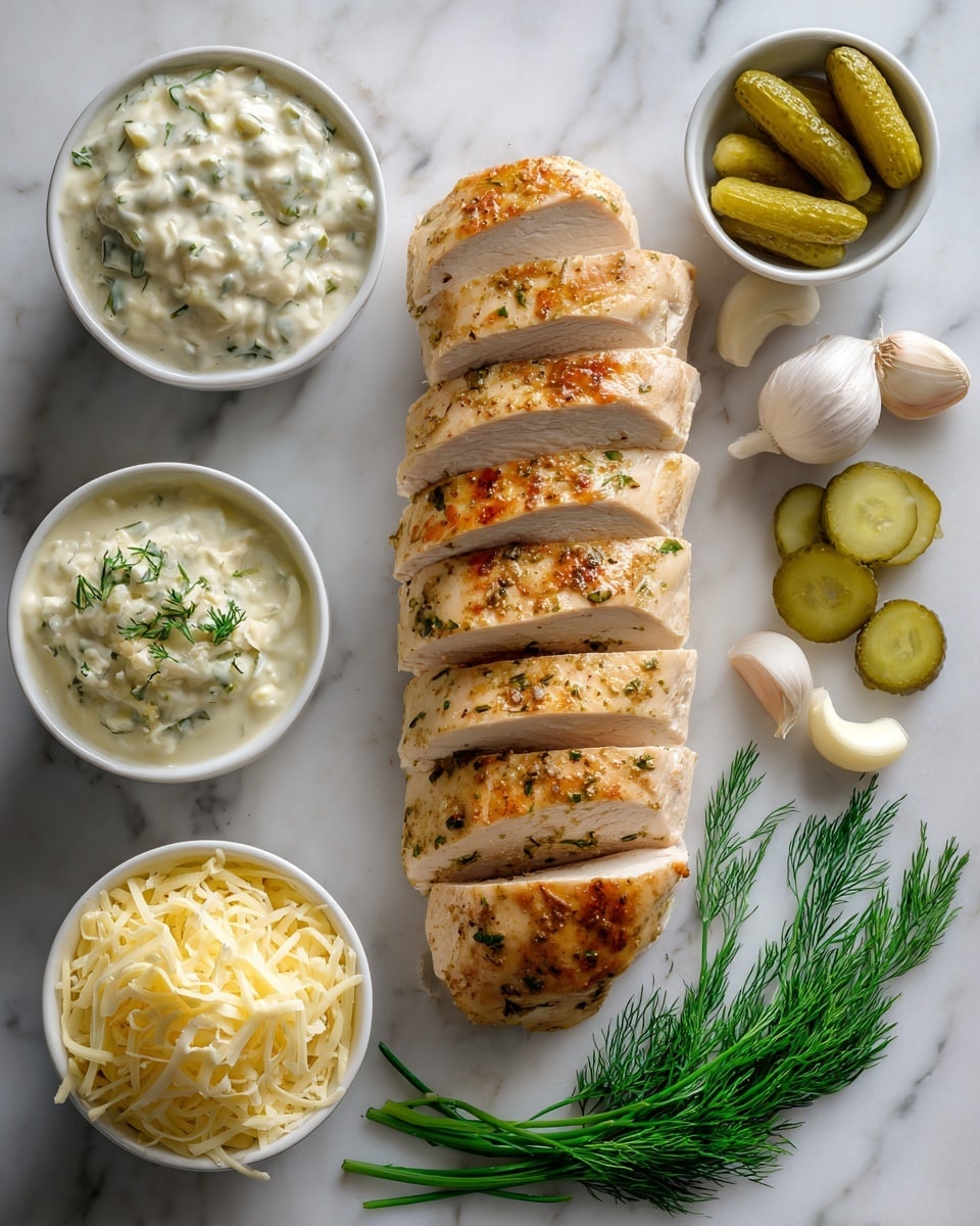 The image shows a sliced cooked chicken arranged in a row on a white marbled surface. Around the chicken, there are various small white bowls filled with different toppings: one has a creamy white sauce mixed with herbs, another has a yellow shredded ingredient, and the last has a pile of grated pale yellow cheese. Three sprigs of green dill are placed on the surface near the chicken, along with several slices of pickles and some garlic cloves. The overall layout is neat, with the food items spaced evenly to create a visually clean and fresh look. Photo taken with an iphone --ar 4:5 --v 7